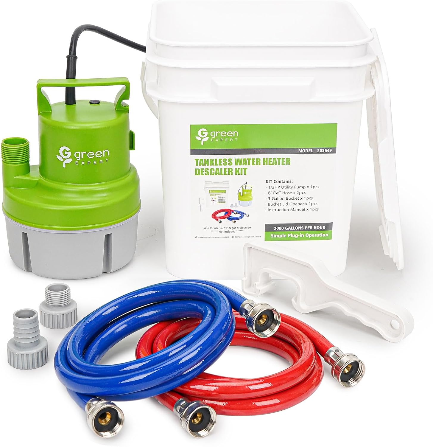 Tankless Water Heater Flushing Kit, 6-in-1 Descaling Kit with 1/3HP Utility Pump, 3-Gallon Bucket w/Lid Opener, 2×6ft 3/4" GHT Red&Blue PVC Hoses, Wrench & Adapter, for Isolation Valves