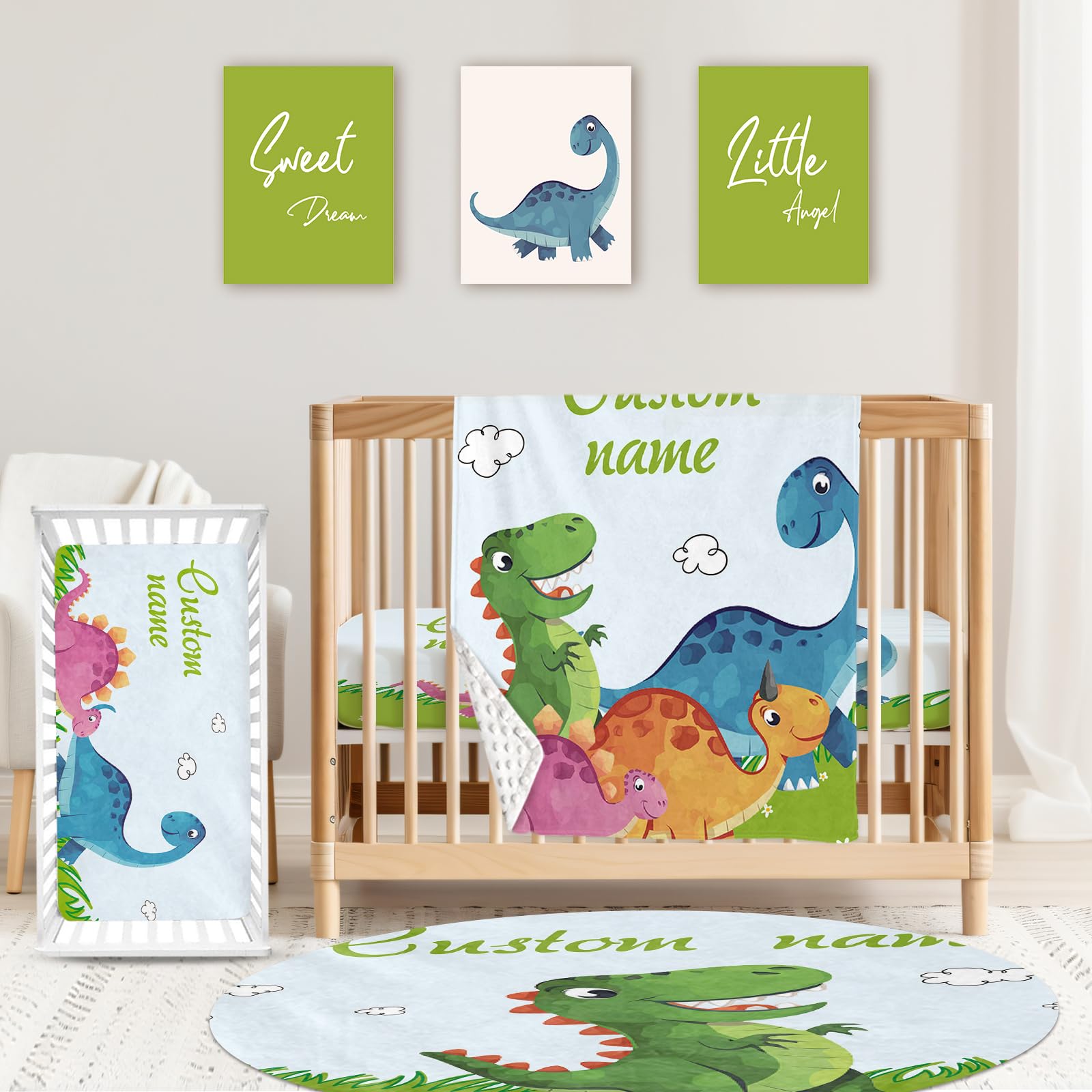 Custom Name Baby Crib Bedding Set Personalized 4 Piece Nursery Bed Set with Blue Dinosaur Design Baby Blanket