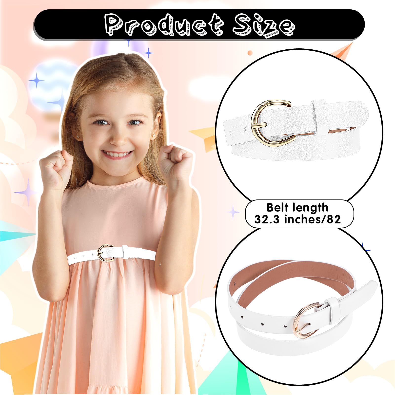 Lot de 2 ceintures pour filles de 82 cm en cuir élastique pour enfants, exquises et confortables avec double boucle en O