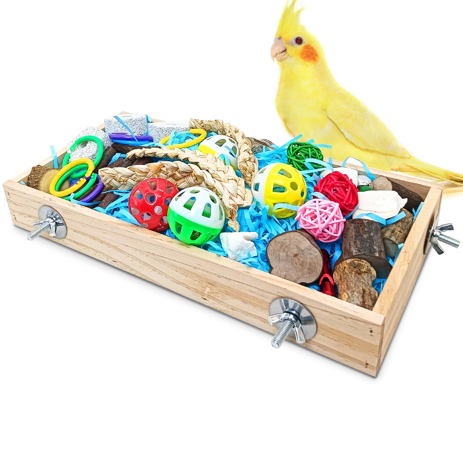 BNOSDM Bird Foraging Toys Box Colorful Parrot Foraging and Shredding Toy Boxes Natural Bird Toy Wooden Birds Chewing Toys for Parakeet, Conure, Cockatiel, Budgies, Lovebirds (Large)
