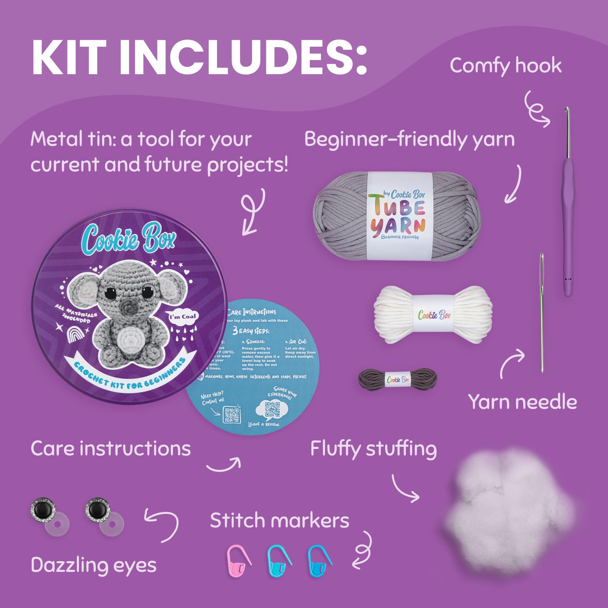 Cookie Box Original Crochet Kit for Beginners, Gift Set to Make Koala Coal Amigurumi Plushie - Image 2
