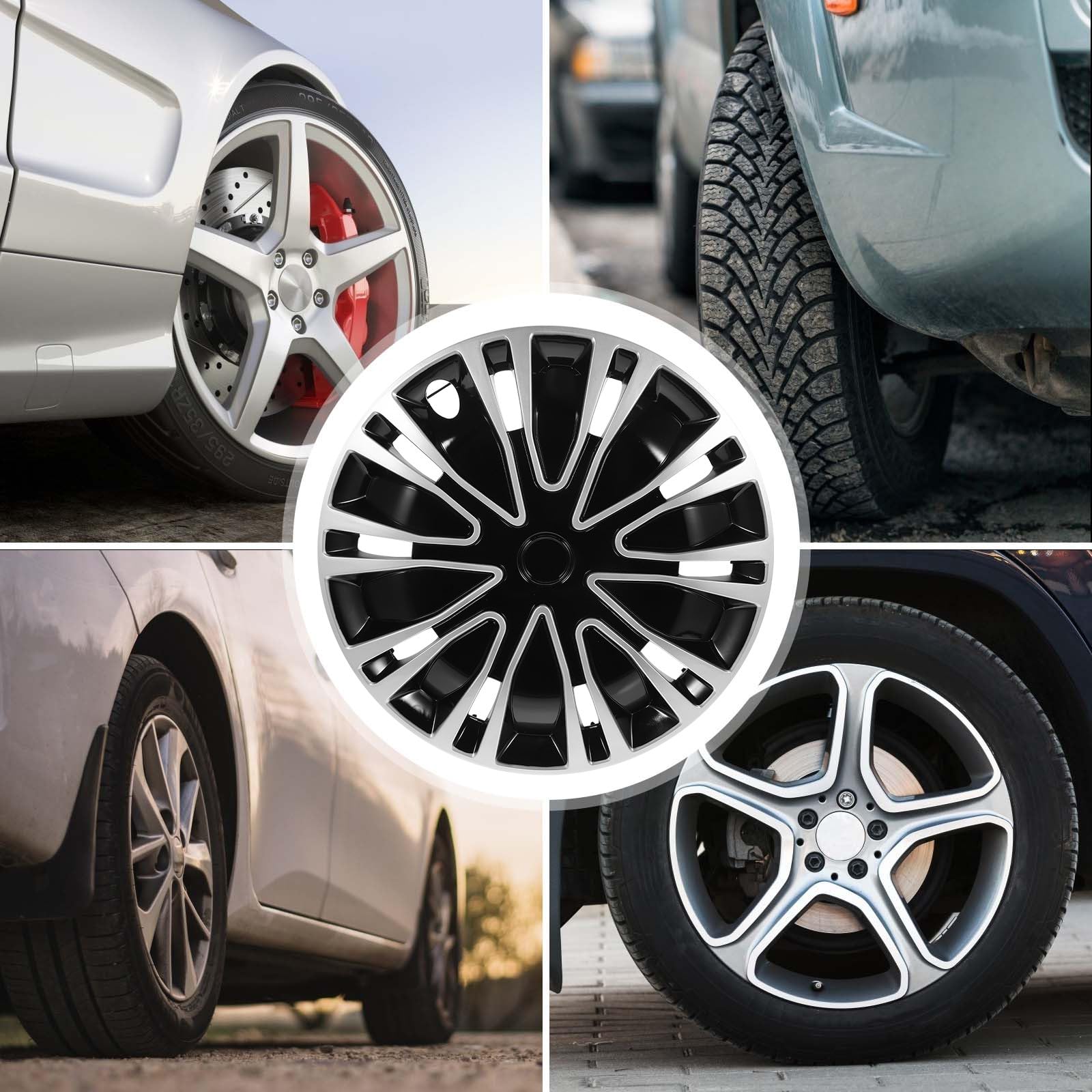 Tapacubos de Automóvil 15 Pulgadas PP Decorativo Negro BK | 1, Compatible Buje de 15 Pulgadas, Cubiertas para Rueda de Coche, Acabado Plata y Negro