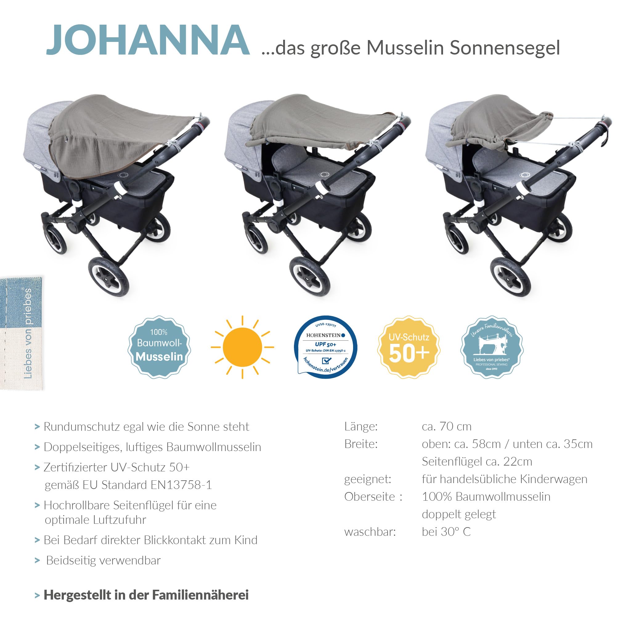 Liebes von priebes Sonnensegel Johanna UV Schutz 50+ | Sonnendach mit Seitenschutz | Universal Sonnenschutz