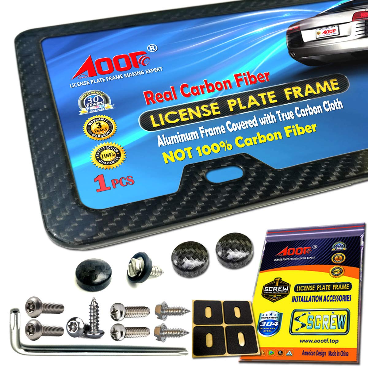 AootfCarbon Fiber License Plate Frame - Aluminum License Plate Cover Handmade Covering 100% Real Carbon Fiber | Stainless Steel Tamper Proof License Plate Screws, Caps, 2 Hole Gloss Slim Frame-1 Pack