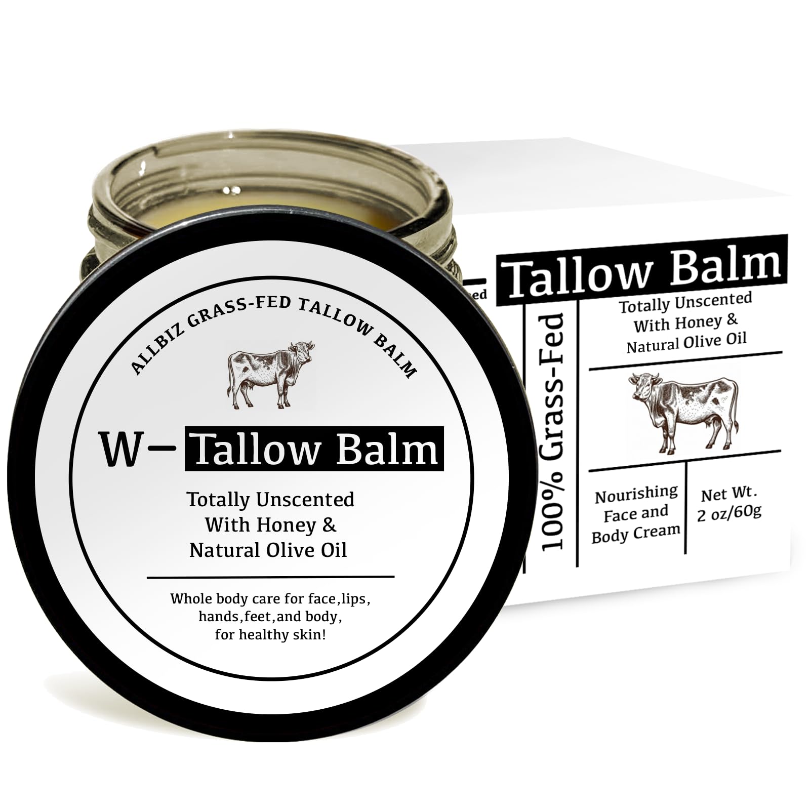 ALLBIZ Beef Tallow Honey Face Moisturizer for Skin, All Natural Tallow and Honey Balm for Face, 100% Grass-Fed Beef Tallow & Raw Wild Honey Blend Lotion for Face & Body (Unscented)