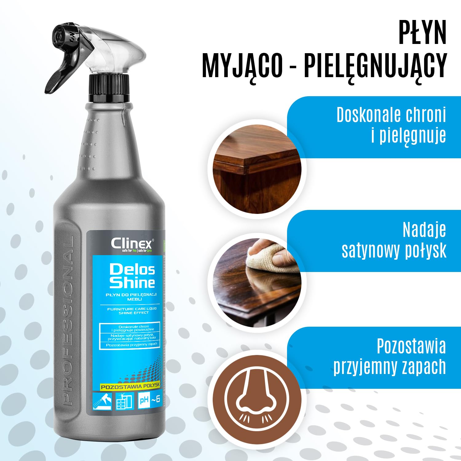 CLINEX Delos Shine, Líquido limpiador y cuidado de muebles, deja brillo, 1l