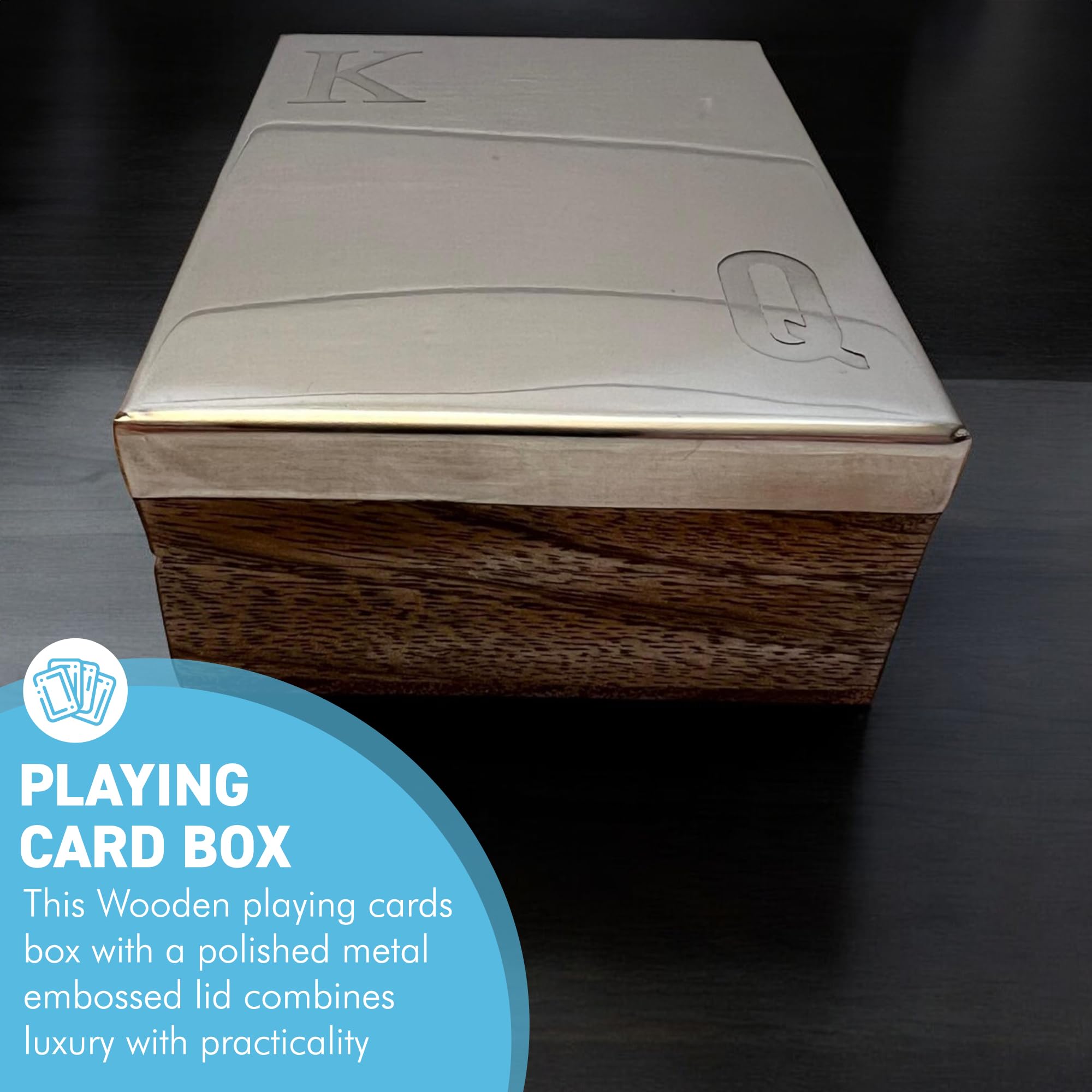 Thorness Playing Cards in Elegant Wooden Gift Box with Metal Embossed Hinged Lid for Storage, Brown and Silver, 11cm x 8.5cm x 4cm - Image 2