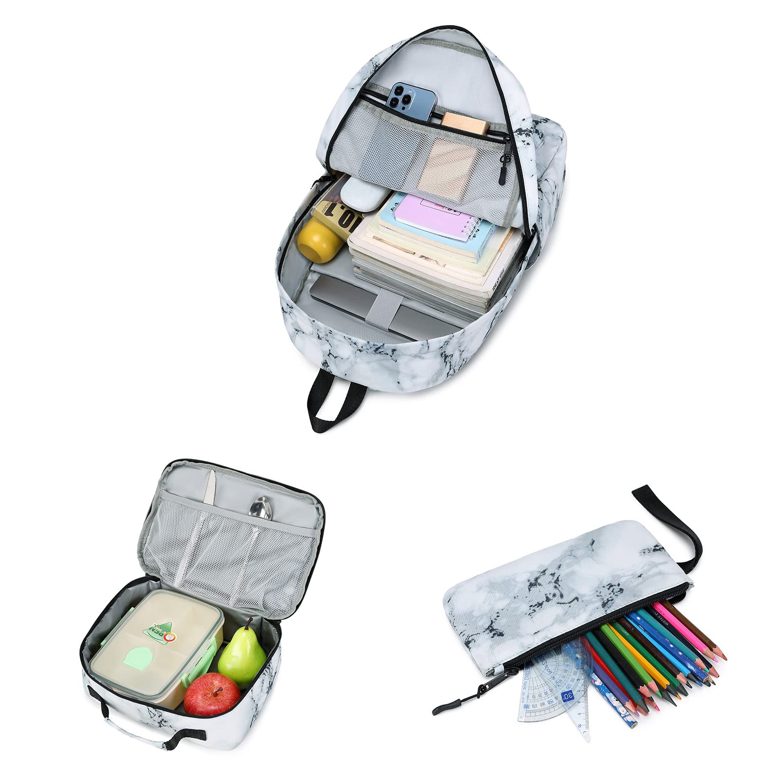 Imyth Mochila para adolescentes, regalo escolar, bolsa de almuerzo, bolsa de lápices, juego 3 en 1, Mármol Blanco, L, Escuela