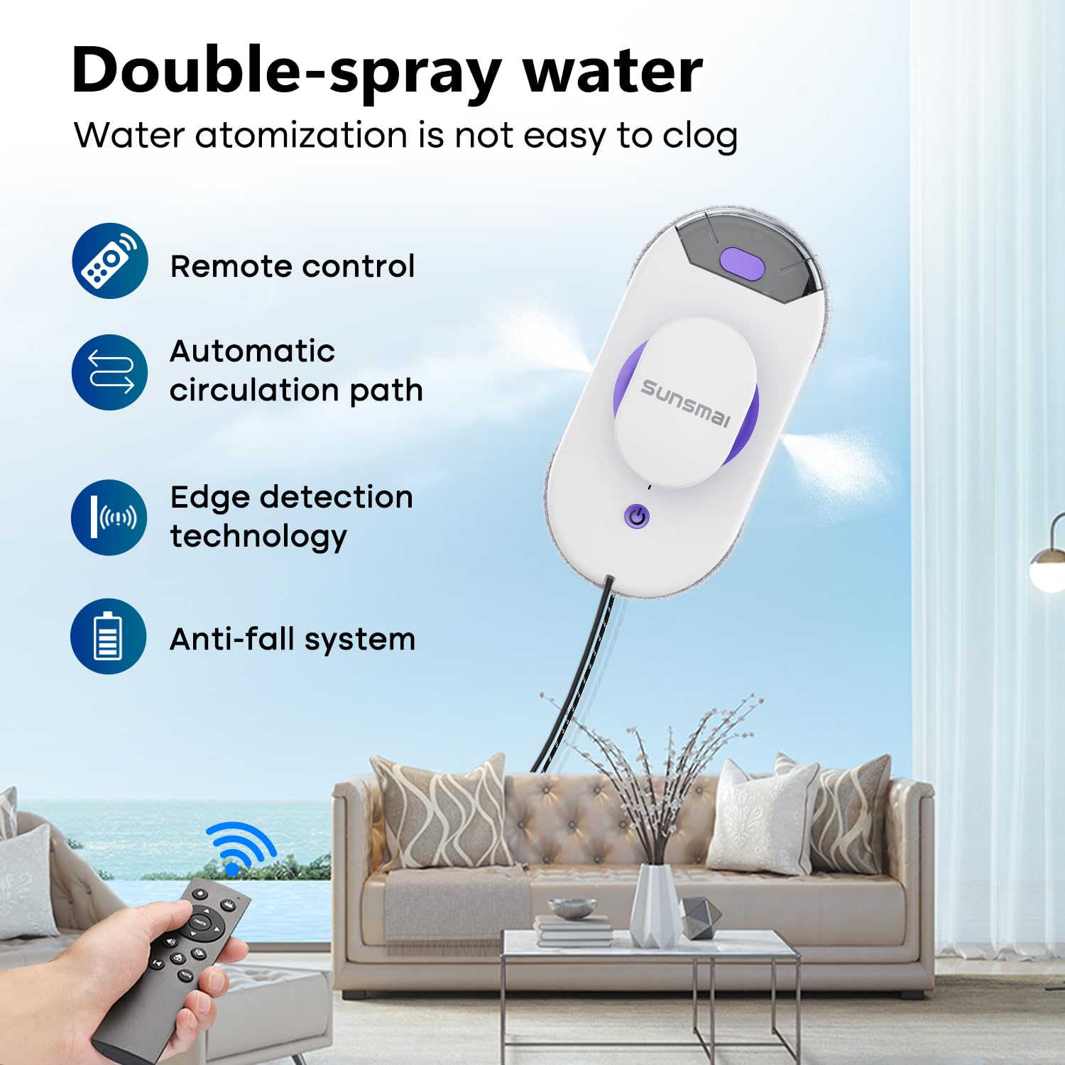 SUNSMAI Doppio getto d'acqua robot lavavetri, Automatic Path Planning robot lavavetri, Edge Detection lavavetri elettrico, cavo di alimentazione da 6,4 m Serbatoio dell'acqua da 50 ml(Viola)