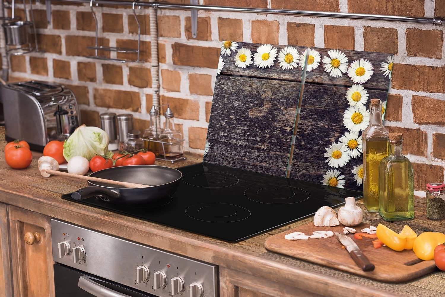 DarHaus Plaque De Protection Universelle Pour Plaque De Cuisson 2 Pièce 75 X 52cm Pour Plaques De Cuisson Protection Contre Les éclaboussures Planche A Découper En Verre Trempé, Marguerite Bois