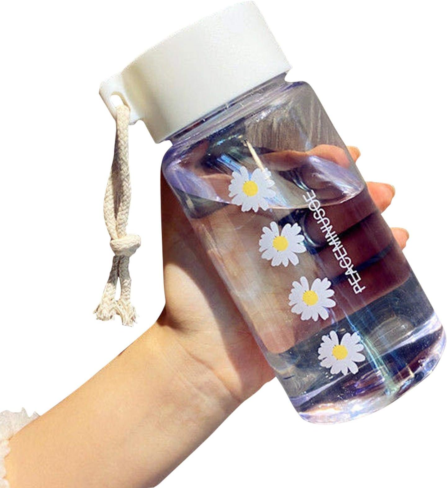 Small Daisy Water Bottles, 500ml Plastic Transparent Frosted Water Bottle, BP-A Free, Portable Reusable Leak-Proof Water Bottle With Rope for School Travel(Clear 4 Flower)