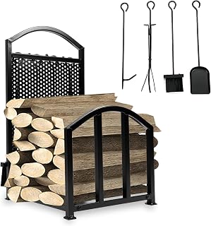 HECASA Firewood Rack with Fireplace Tools Set Indoor Fireplace Wood Holders Outdoor Log Holders Rack Lumber Storage Stacking Log Bin Tool Set Accessories