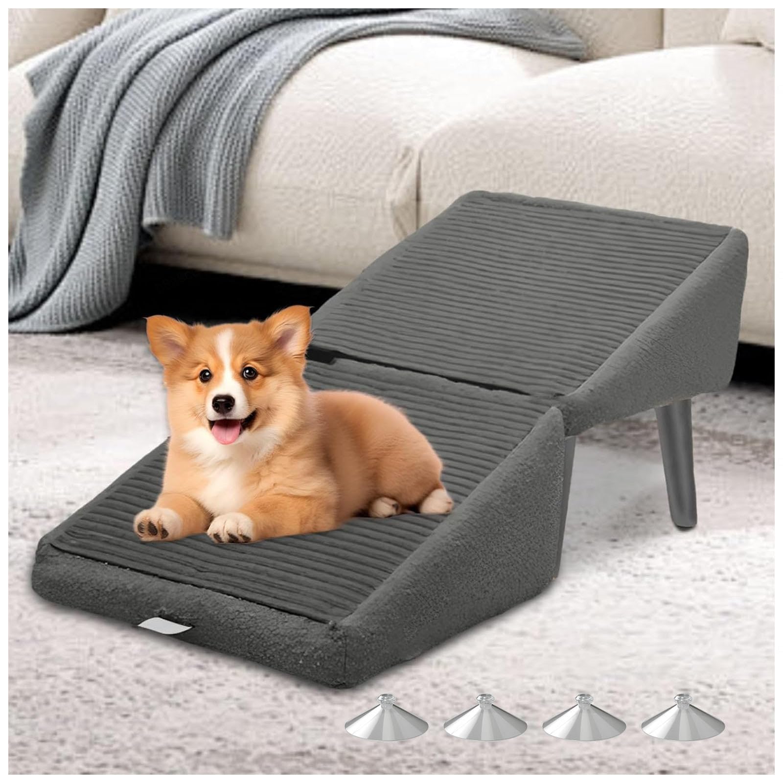 Zaizaismao Grey Ottoman Dog Ramp, 2-In-1 Lightweight Folding Dog Ramp Bed, Pet Ramp For Bed For Elderly Dogs Young Or Small Dog,Gray