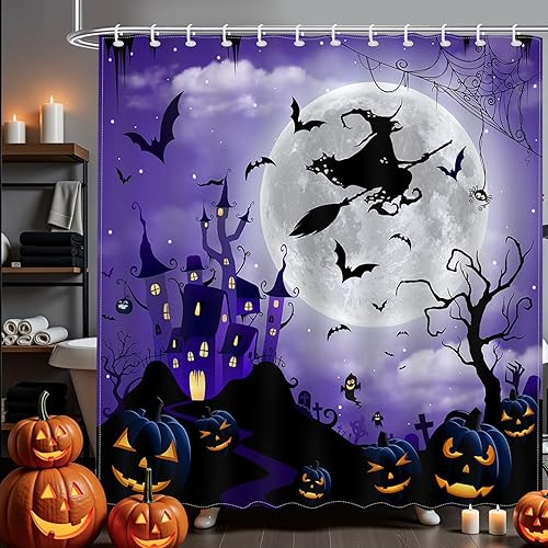 Miniatura 3 de Mocsicka Cortina de ducha de Halloween, castillo de terror, bruja, bosque brumoso, calabaza, cementerio, cortina de ducha de baño, cortina de ducha