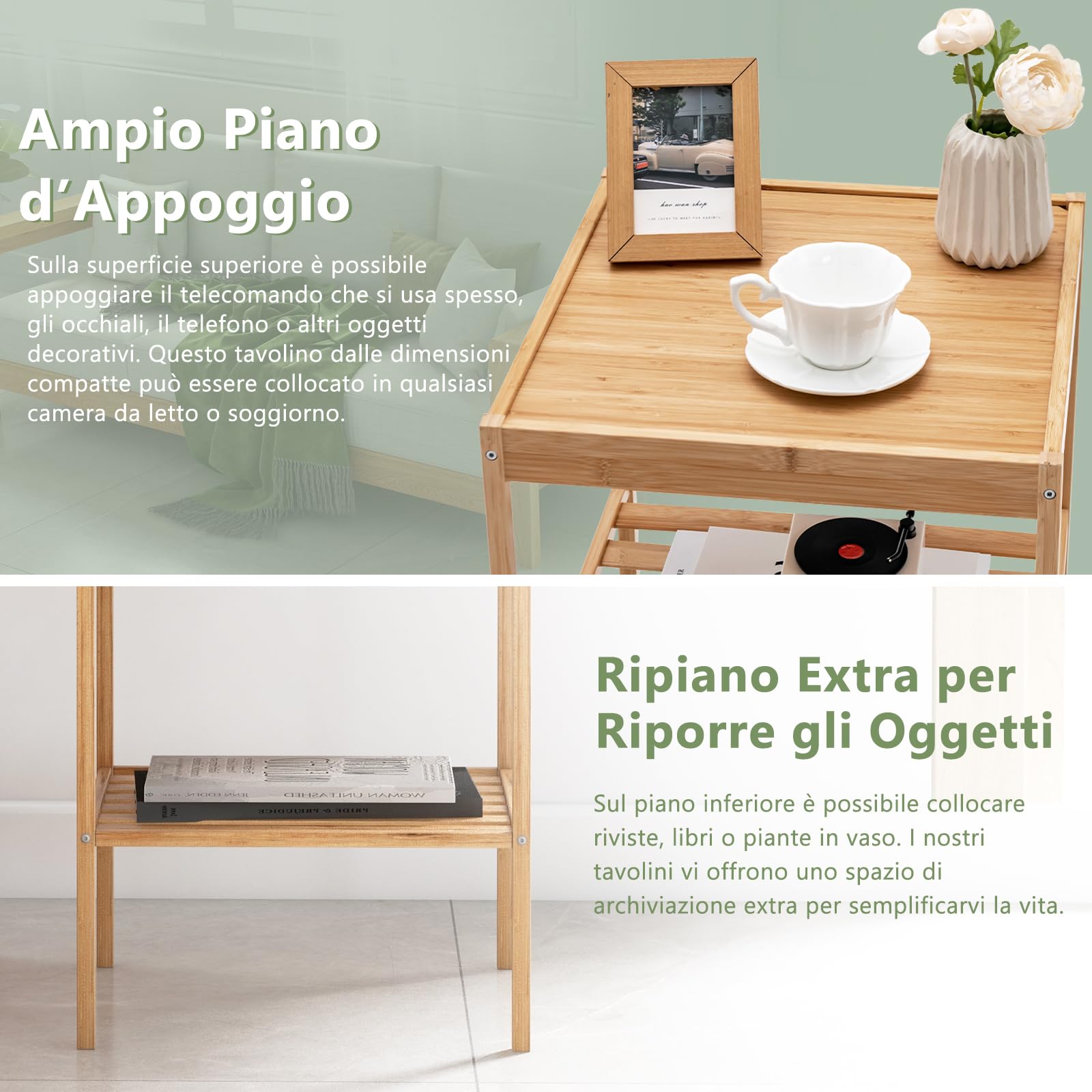GYMAX Set di 2 Comodini in Bambù, Comodino a 2 Ripiani Portaoggetti, Set di 2 Tavolini Moderno da Soggiorno Camera da Letto, 40 x 40 x 45 cm, Naturale