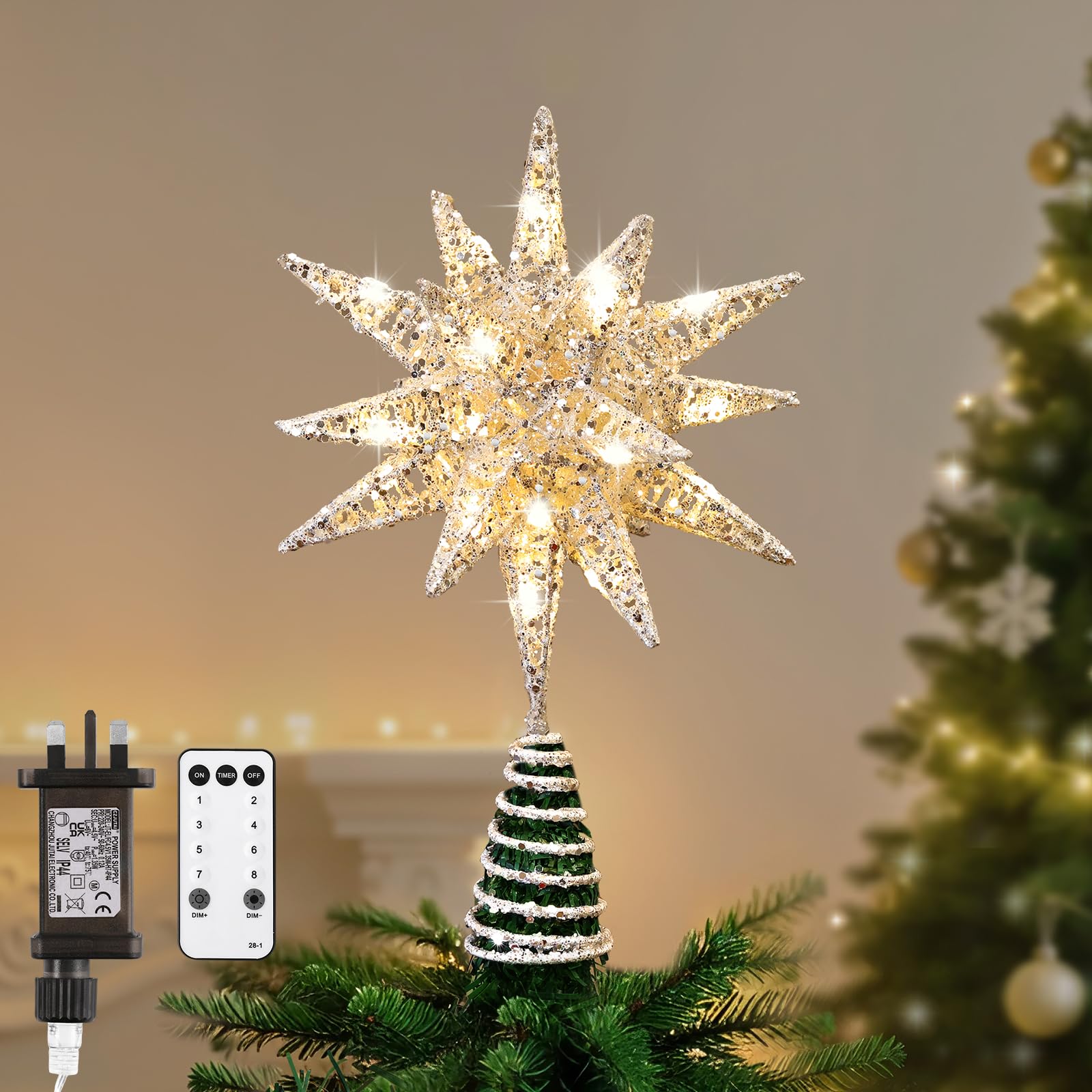 Lewondr Silver White Christmas Tree Topper, Plug In 3D Starburst Xmas Lighted Star Tree Topper, Remote Control & Timer Light Up Vintage Moravian Tree Topper For Christmas Decoraiton, Warm Light,