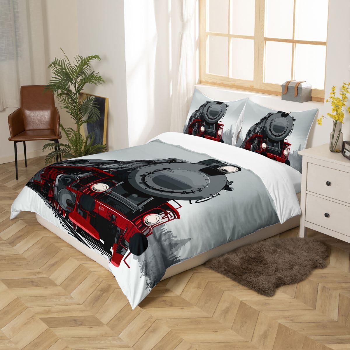 Feelyou Steam Engine Bedding Set Queen For Kids Boys, Locomotive Red Black Train on Steel Railway Track Travel Adventure Graphic Print, Decorative 3 Piece Comforter Cover with 2 Pillow Shams, Red Grey