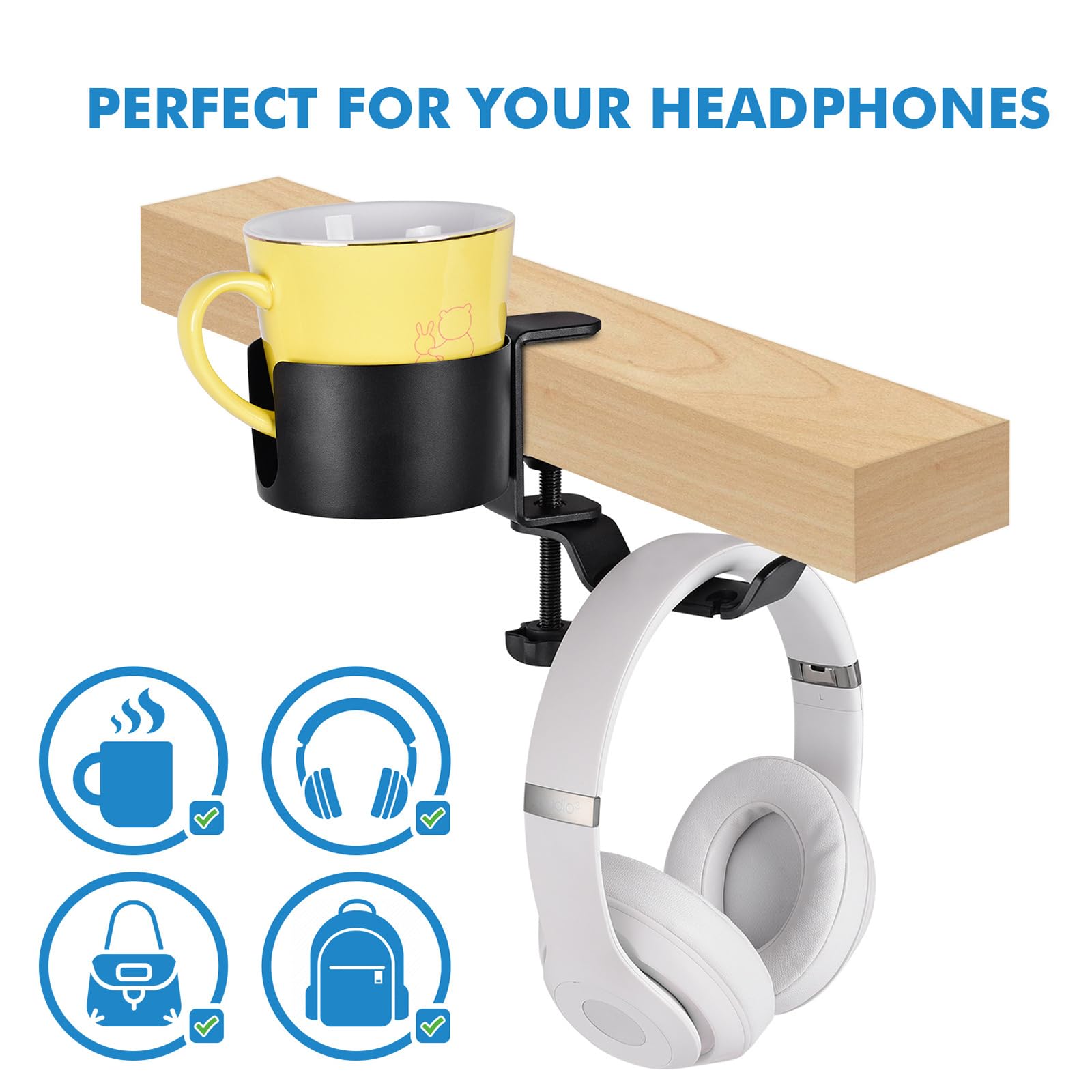 ljhnba Aluminum Alloy Headphone Holder Metal Earphone Stand Swivels 360 Degrees Cup Holder Headset Hook Clamp 2 in 1 Space-sa