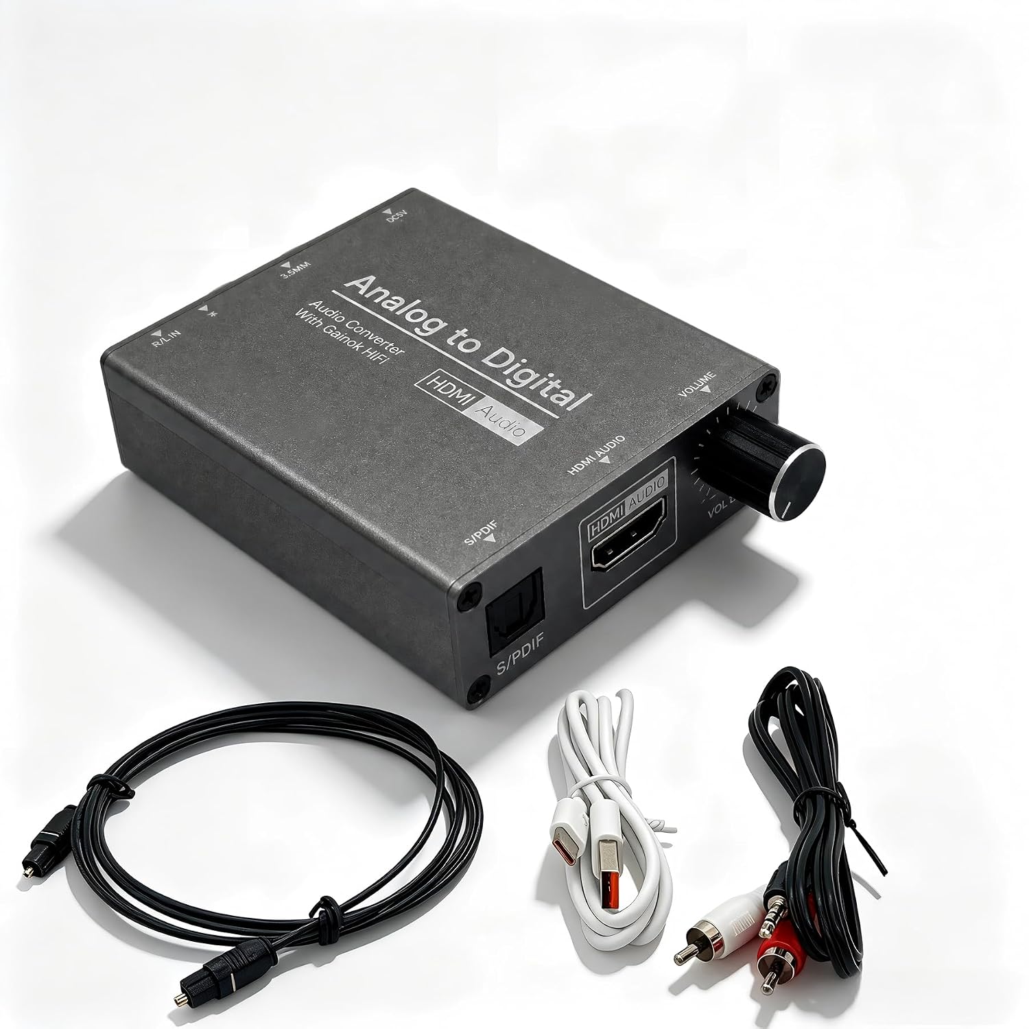 Analog to Digital Audio Converter, RCA to Optical | 3.5mm AUX Jack Toslink, Coaxial Adapter, Adjustable Volume, w/ Cables