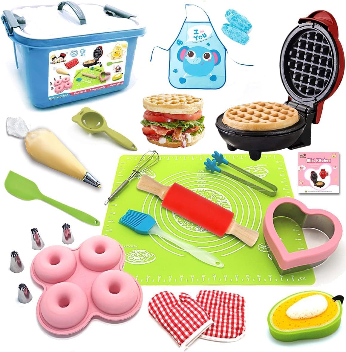 15 Pcs Kids Junior Tiny Play Kitchen Accessories - Mini Kitchen Real Cooking Baking Sets for Real Food Making - Easy Bake Oven Stove for Kids, Chef, Apron, Oven Mitt, Recipes - Gift for Boys Girls Age