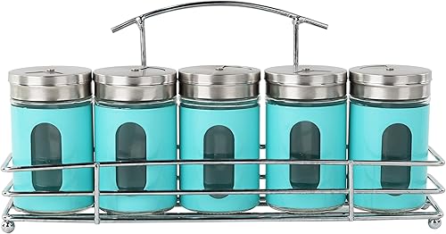 Estante para especias con 5 saleros y pimenteros retro de cristal para especias, color aguamarina