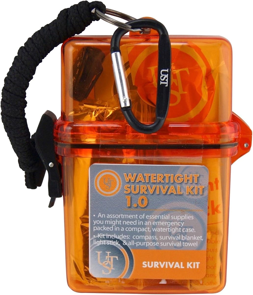 UST Watertight Survival Kit 1.0 with Durable, Lightweight Construction, Survival Blanket and Emergency Tools While Camping, Hiking and Outdoor Survival, Orange
