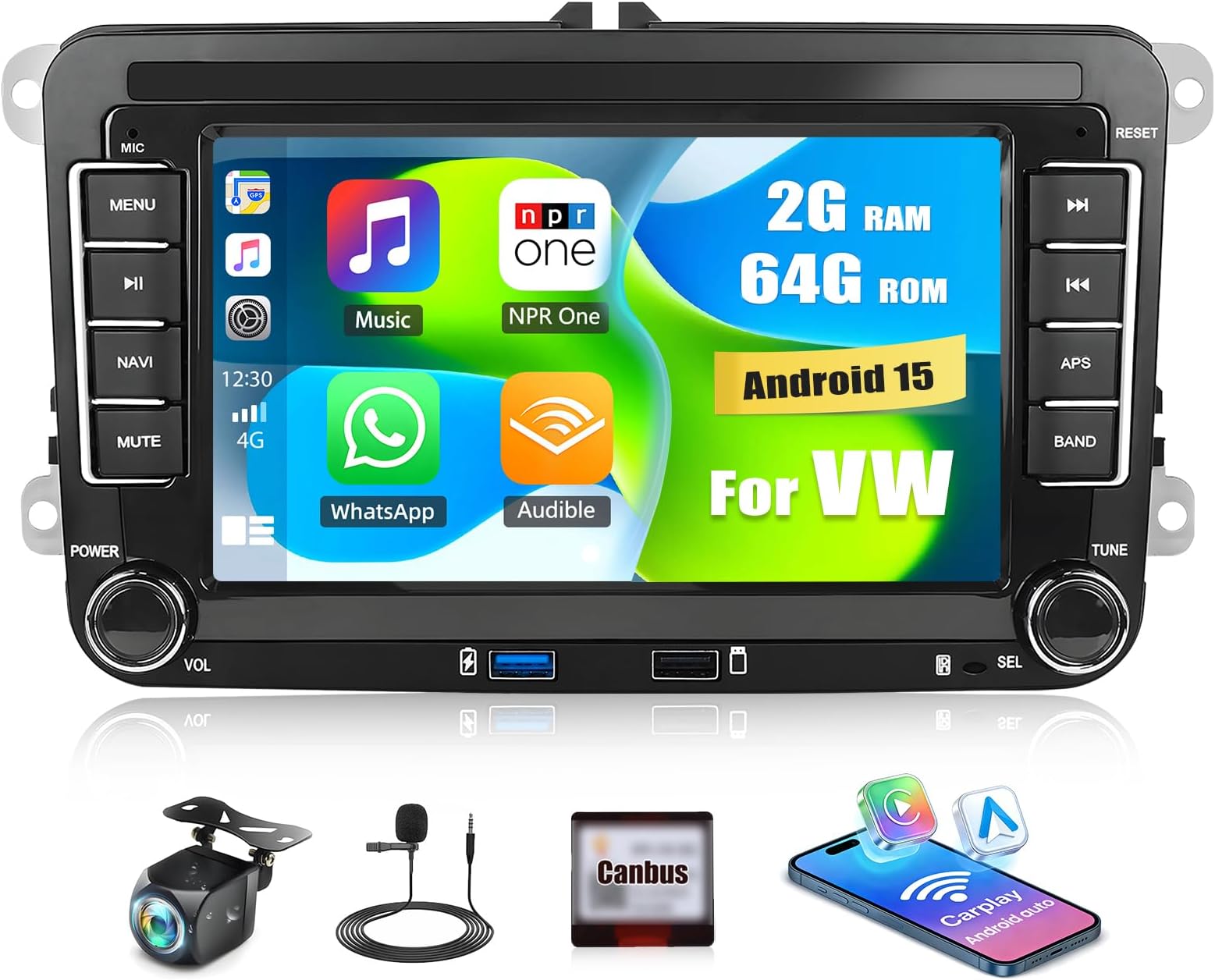 Android 15 4-Core 64G Car Stereo for VW Volkswagen Seat Golf Passat Jetta Beetle Tiguan Touran EOS,7" IPS Unit CarPlay Android Auto WiFi DSP 5.0-Bluetooth GPS FM/RDS Mirror Link SWC Rear Cam