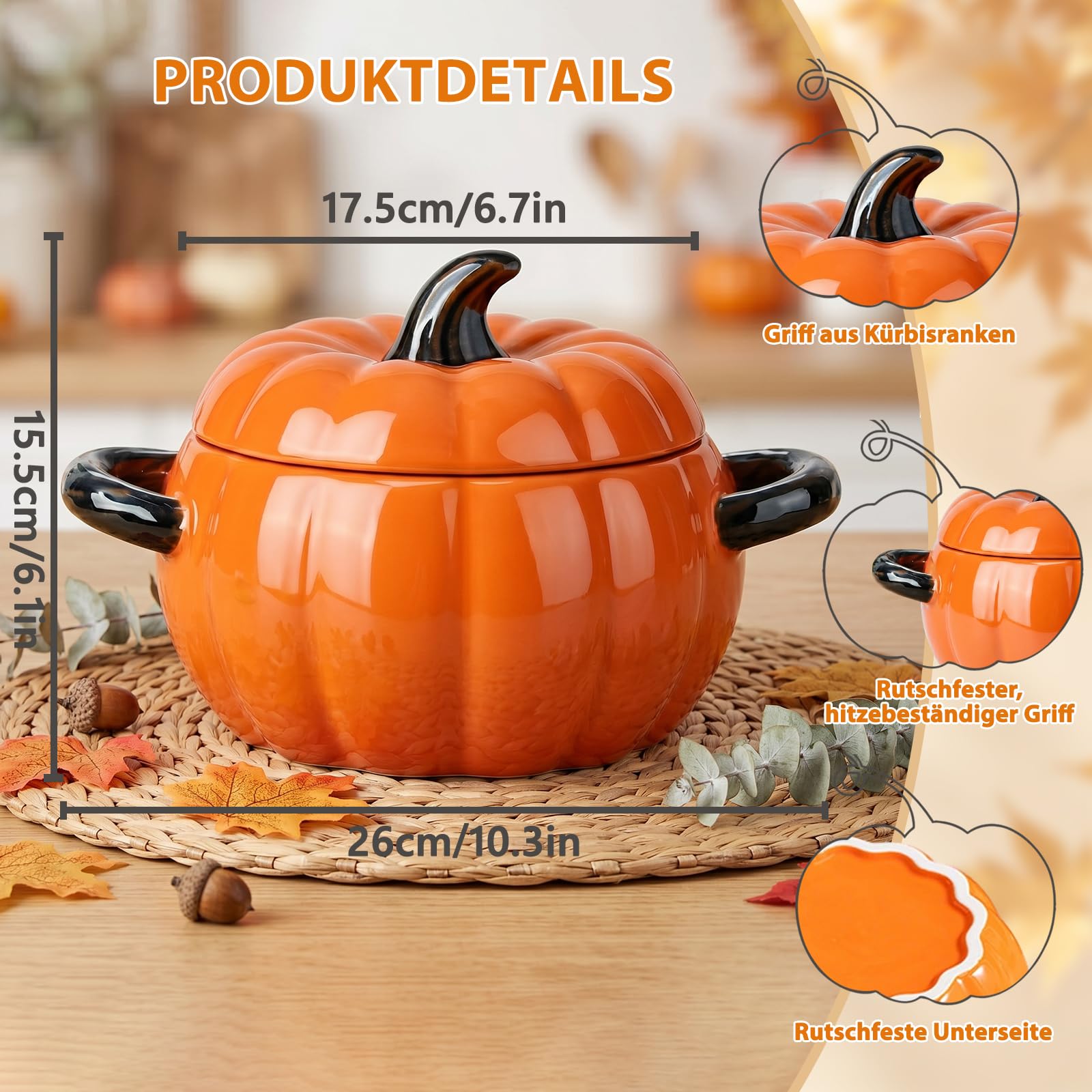 Justup Cuenco de sopa con asa, olla de cerámica de 1,9 l de calabaza, cerámica para servir cuencos para hornear, recipiente con tapa, decoración de Halloween, utensilios de cocina para el hogar
