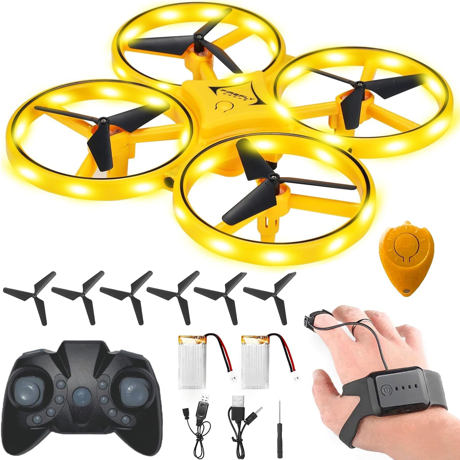 2025 Upgraded Hand Controlled Drone for Kids,Somatosensory aircraft with Smart Watch Controlled, Gesture sensing aircraft Cool LED Remote Control Drone 360° Flips,quadcopter,Toys Gifts for Boys and Girls (3-Yellow extra battery and handle) 2025 Upgraded Hand Controlled Drone for Kids,Somatosensory aircraft with Smart Watch Controlled, Gesture sensing aircraft Cool LED Remote Control Drone 360° Flips,quadcopter,Toys Gifts for Boys and Girls (3-Yellow extra battery and handle)