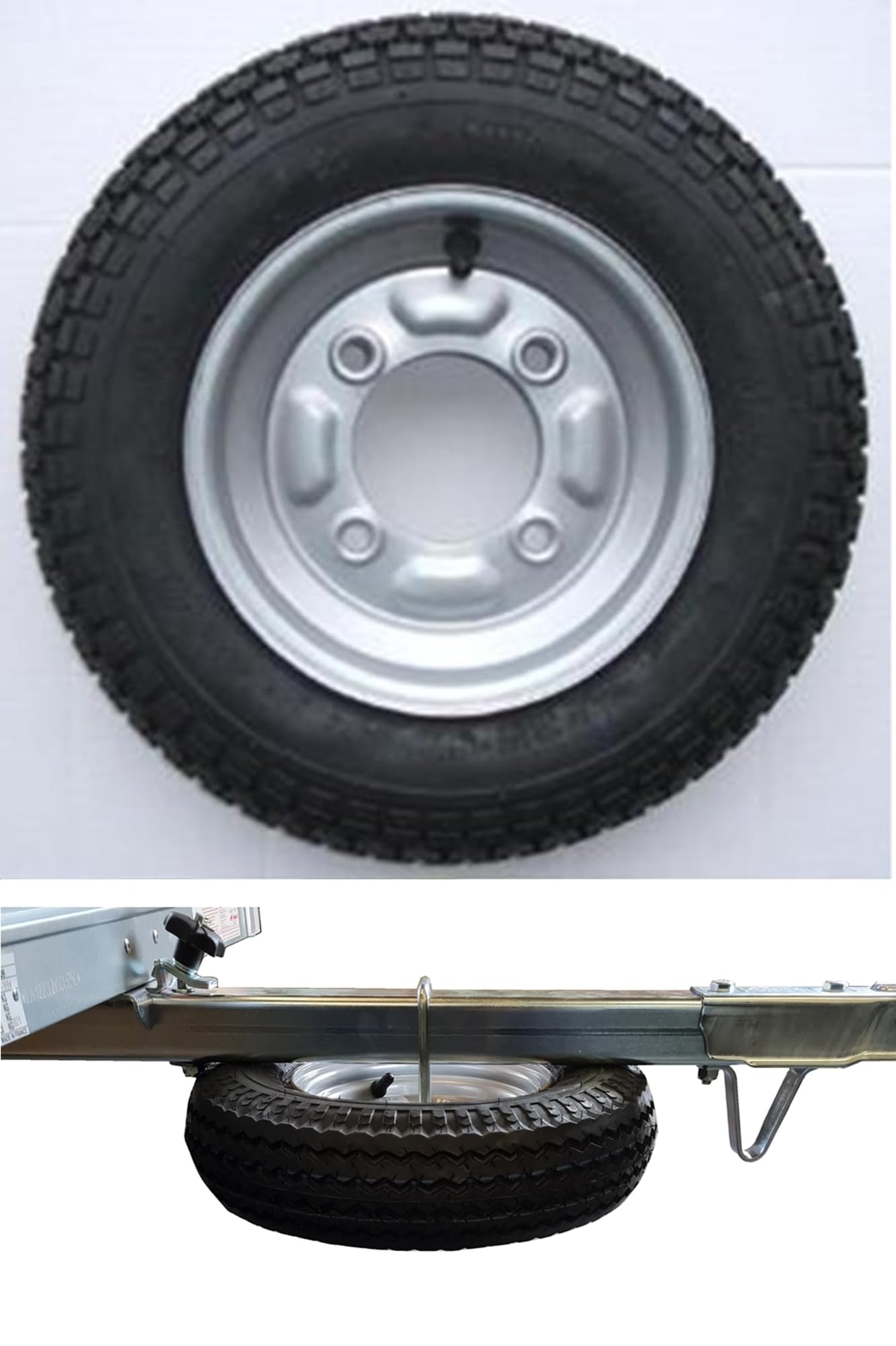 3.50 x 8 inch trailer wheel and tyre with 4 ply tyre and 115mm PCD. To fit trailers Erde 102 & Maypole 6810 complete with SPARE WHEEL CARRIER Pt no. LMX1752 PLEASE CHECK YOUR PCD