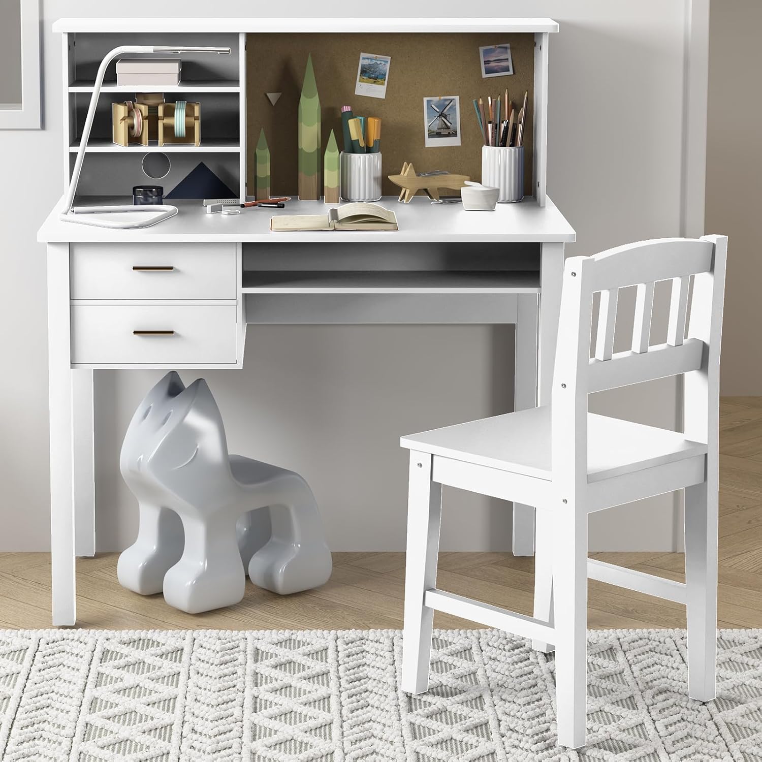 ijuicy Kids Desk Chair Set, Kid Study Desk with Hutch & Cork Bulletin Board