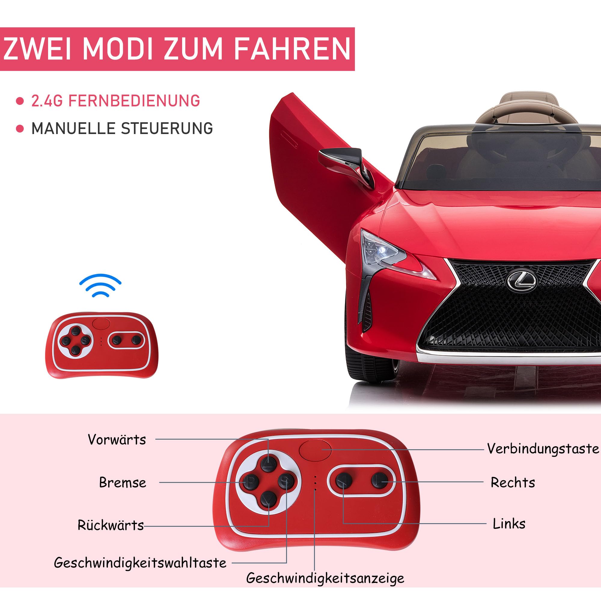 HOMCOM Elektrische Kinderauto Lexus LC500 - Rood Met Afstandsbediening En Muziek