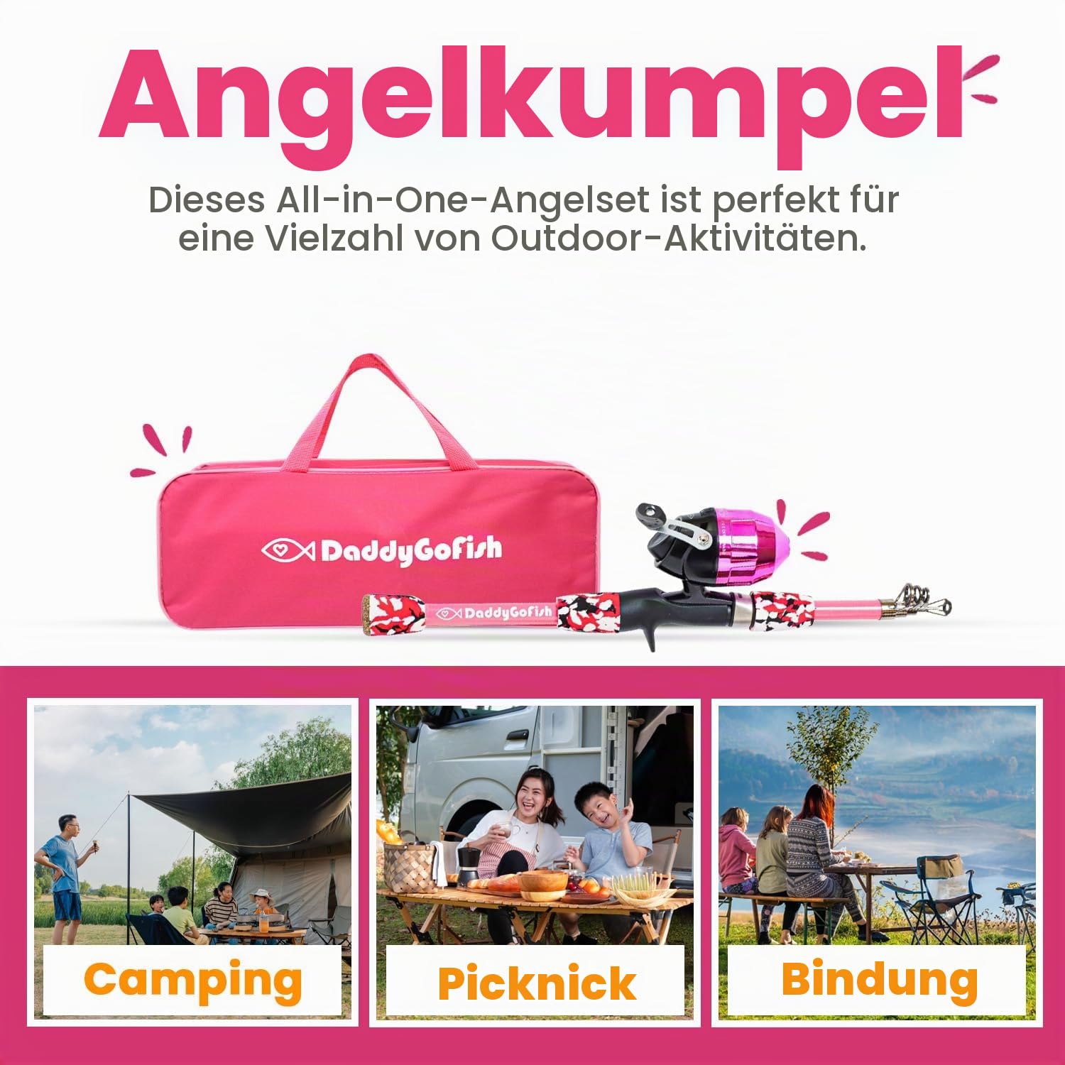 DaddyGoFish Kinder Angelset - Teleskoprute & Rolle Combo mit Klappstuhl, Rutenhalter, Tackle Box, Ködernetz und Tragetasche für Jungen und Mädchen