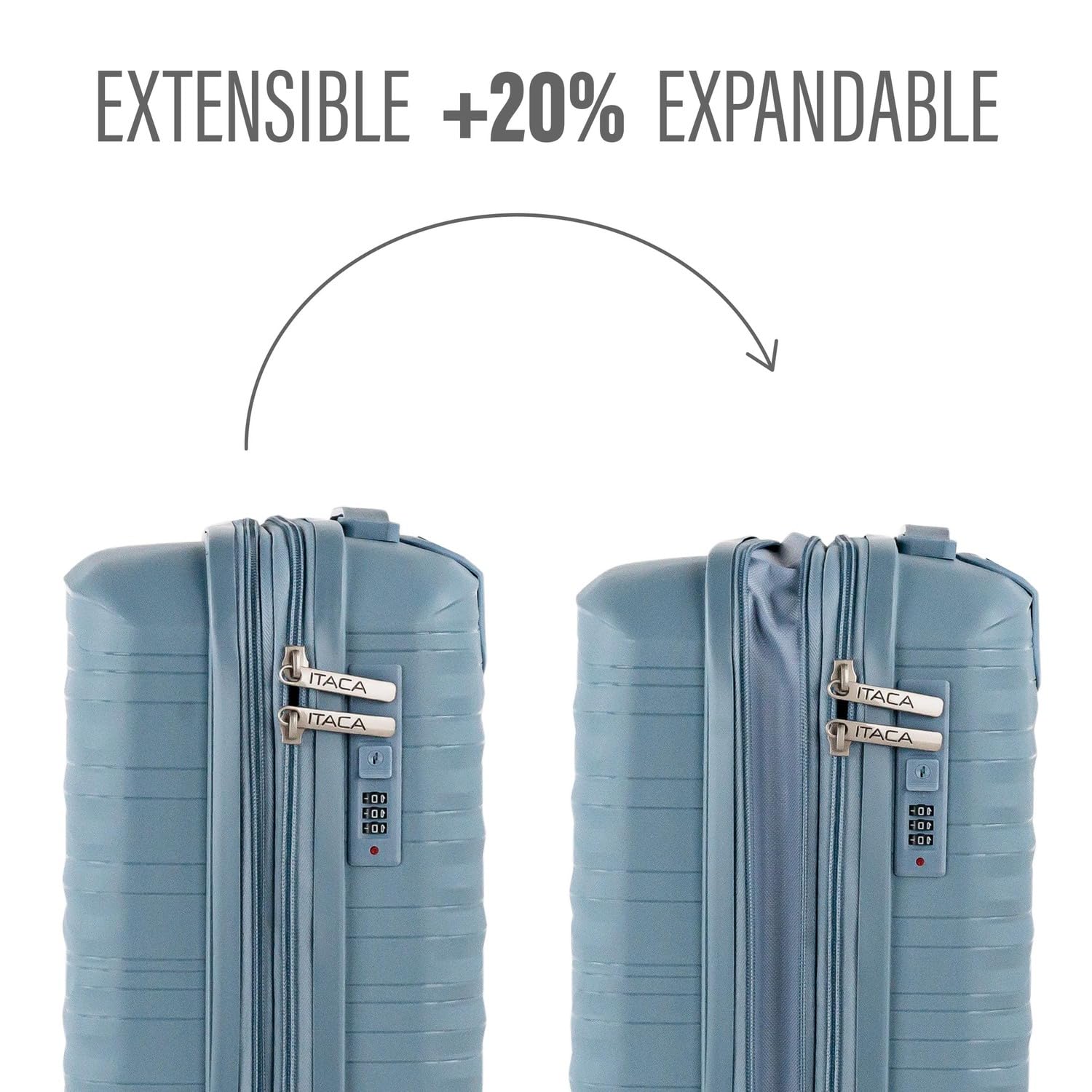 ITACA - Trolley Bagaglio A Mano 55x40x20 leggero rigido con ruote girevoli ideale per viaggi in cabina Valigia Bagaglio A Mano compatibile Ryanair. Lucchetto a Combinazione. Estensibile, Cowboy blu