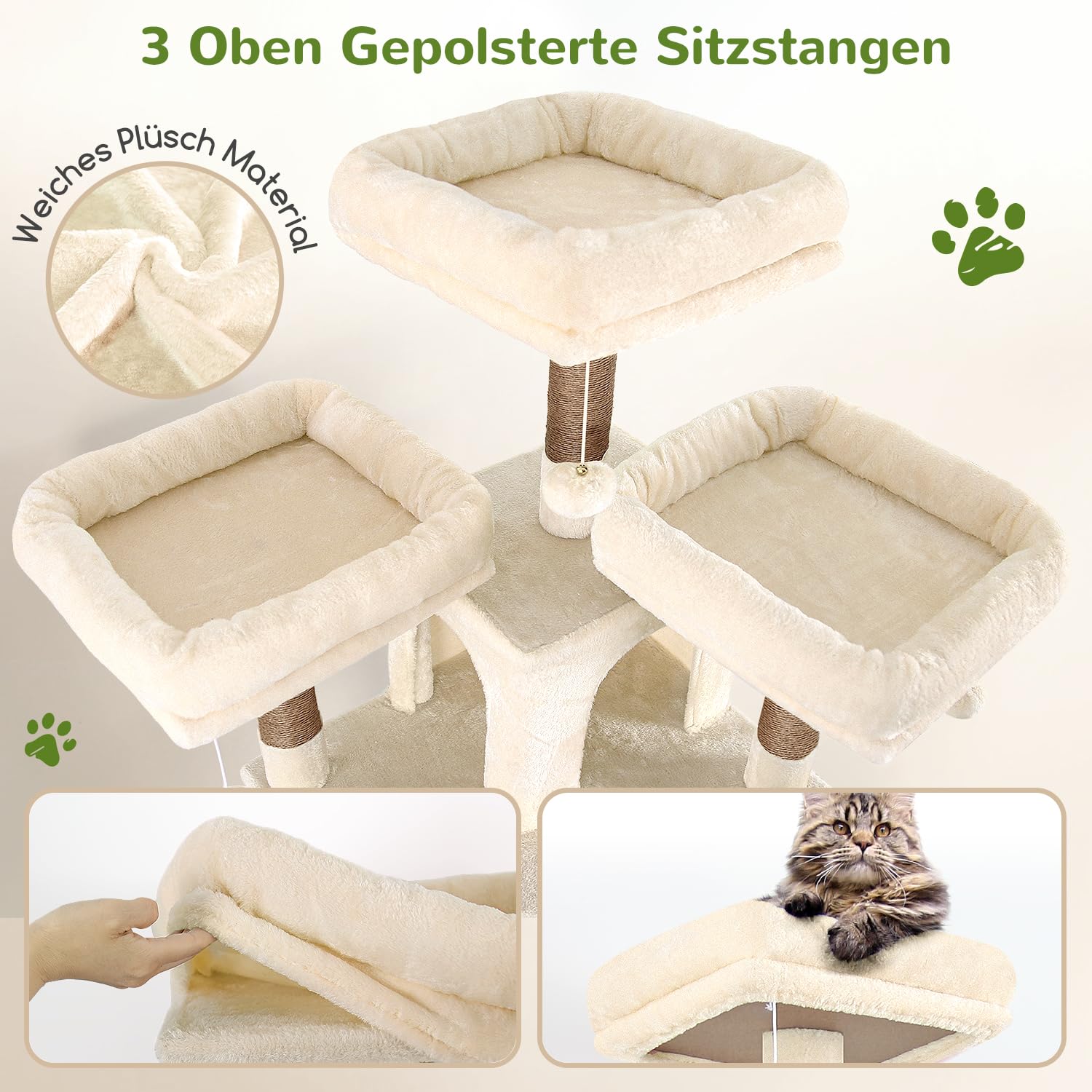 Globlazer Kratzbaum Beige Große XXL hoch 204 cm mit 3 Gepolsterte Sitzstangen, 2 Katzenhaus, 2 Korb, Hängematte, Luxus Katzenbaum Stabil für 3-5 Erwachsene Katze Ausruhen Spielen Kratzen (F80, Beige)