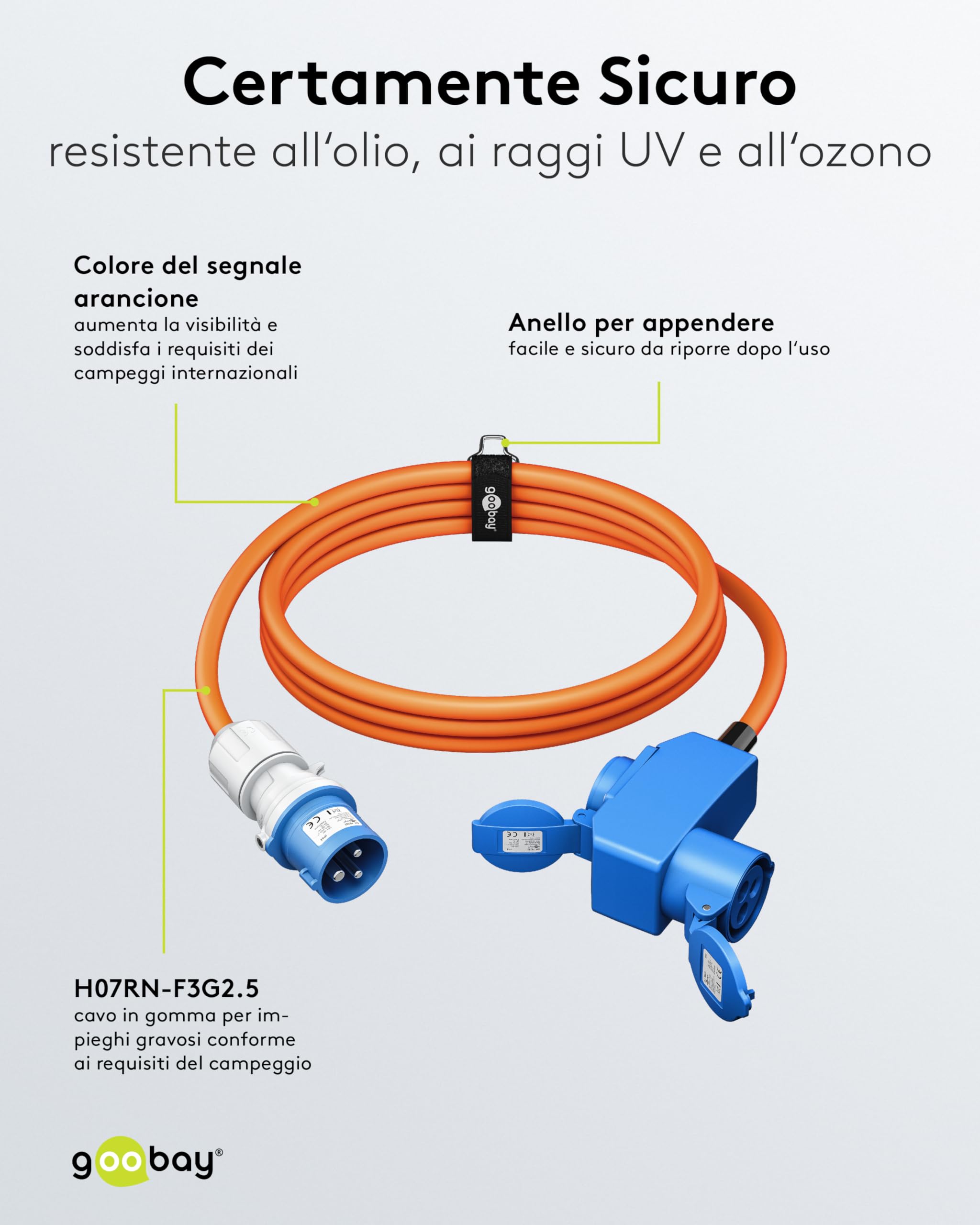 goobay Cavo adattatore CEE per caravan, 1,5 m, spina CEE a 90° presa CEE e presa di contatto di protezione con tappi di chiusura, cavo da campeggio, camper e caravan, 76232