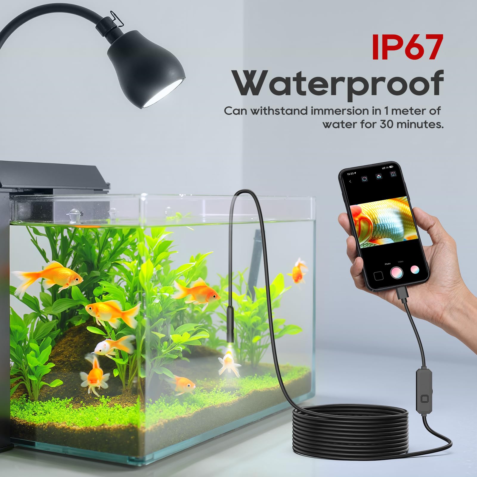 TOPDC Cámara endoscópica con luz, cámara de alcance HD 1920P, boroscopio de inspección ajustable de 8 LED para Android e iOS, cable de serpiente semirrígido de 16.4 pies, IP67 impermeable