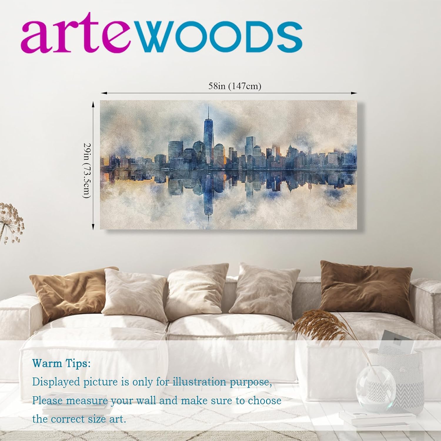 Extra Large New York Skyline Wall Art Abstract City Reflection Canvas Picture Print Modern Gray Canvas Artwork Decoration for Living Room Bedroom Office Home Wall Decor Framed Ready to Hang 29" x 58" image 2