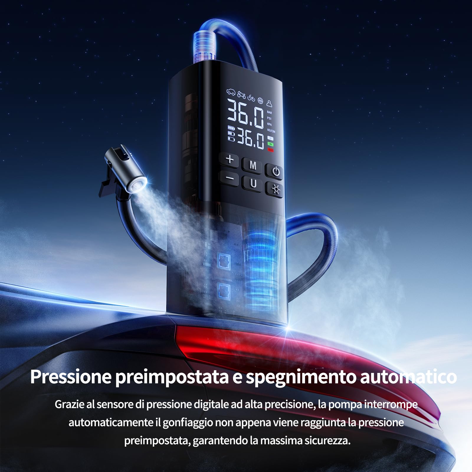 Pompa Elettrica per Bicicletta, Mini Compressore Bici con Display Digitale E Luce LED, Compressore Aria Portatile per Auto, Moto, MTB, Bicicletta E Palloni, Ricaricabile Tramite USB-C, USB-A