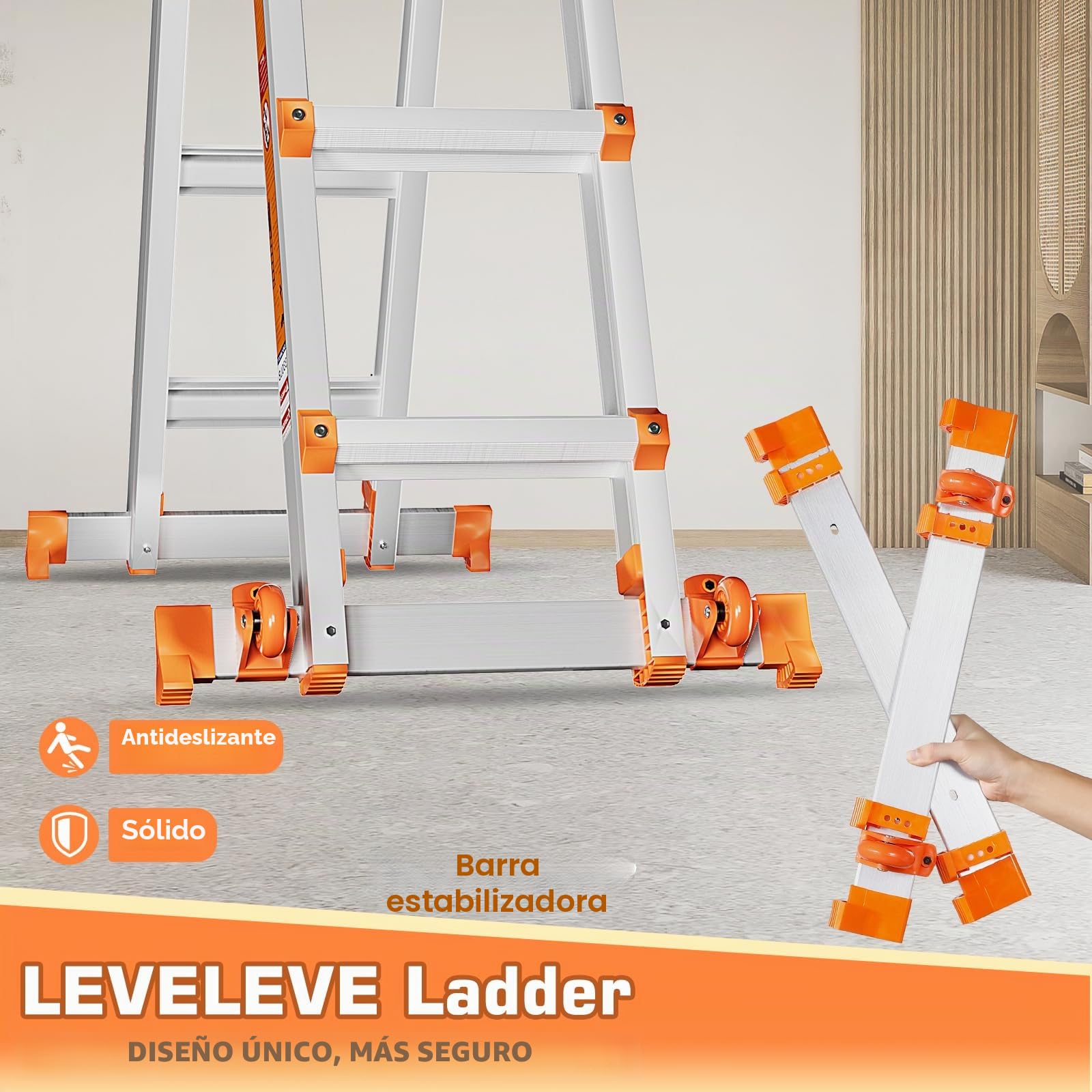 Escalera de 3 peldaños con Varias Posiciones, Escalera Deslizante de 3,3 m con estabilizador y Ruedas, Carga de Seguridad de 150 kg, una Escalera de Marco para escaleras, hogar, Interior, Exterior y