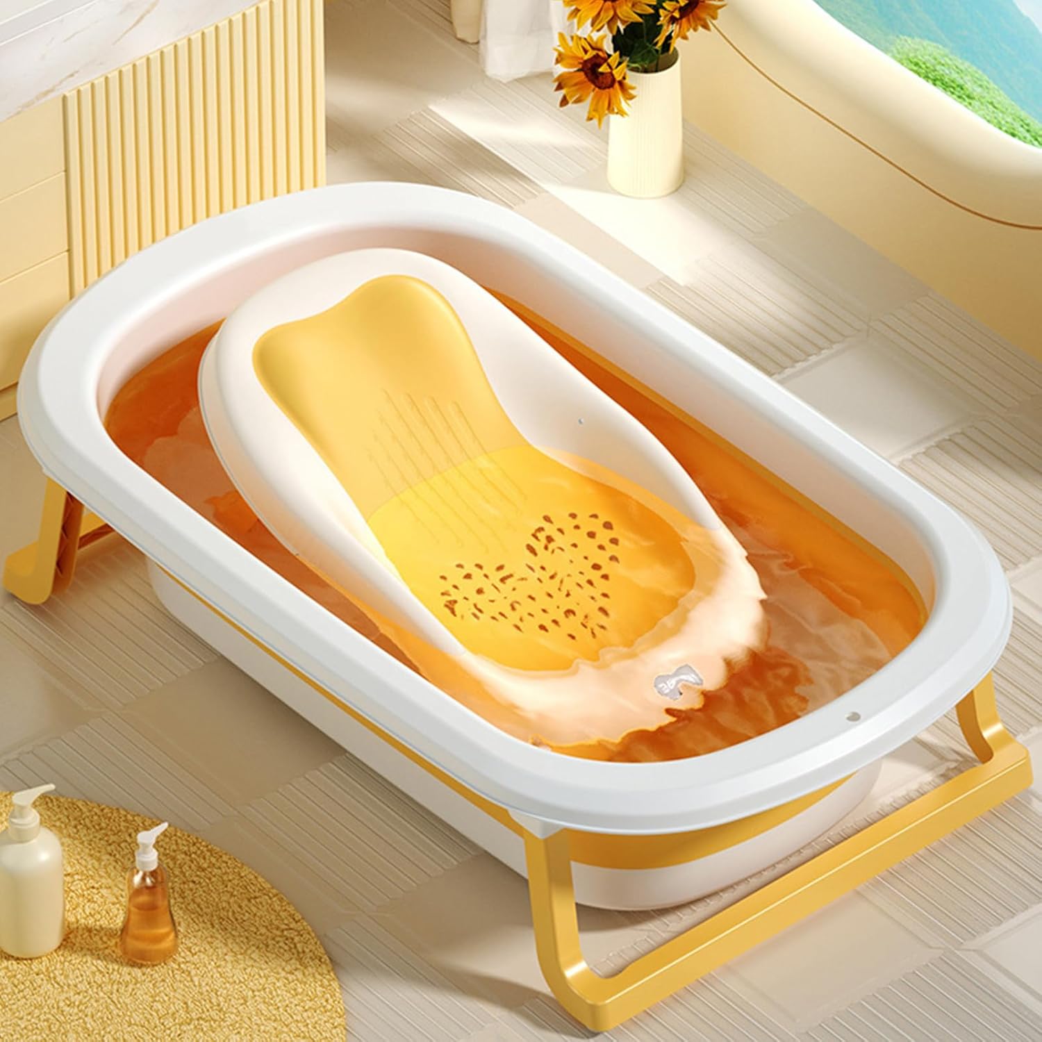 Foldable Baby Bath Seat - Non-Slip PP Shower Net Support, Ergonomic Backrest Design, Easy-Clean Christmas Gift for Toddlers