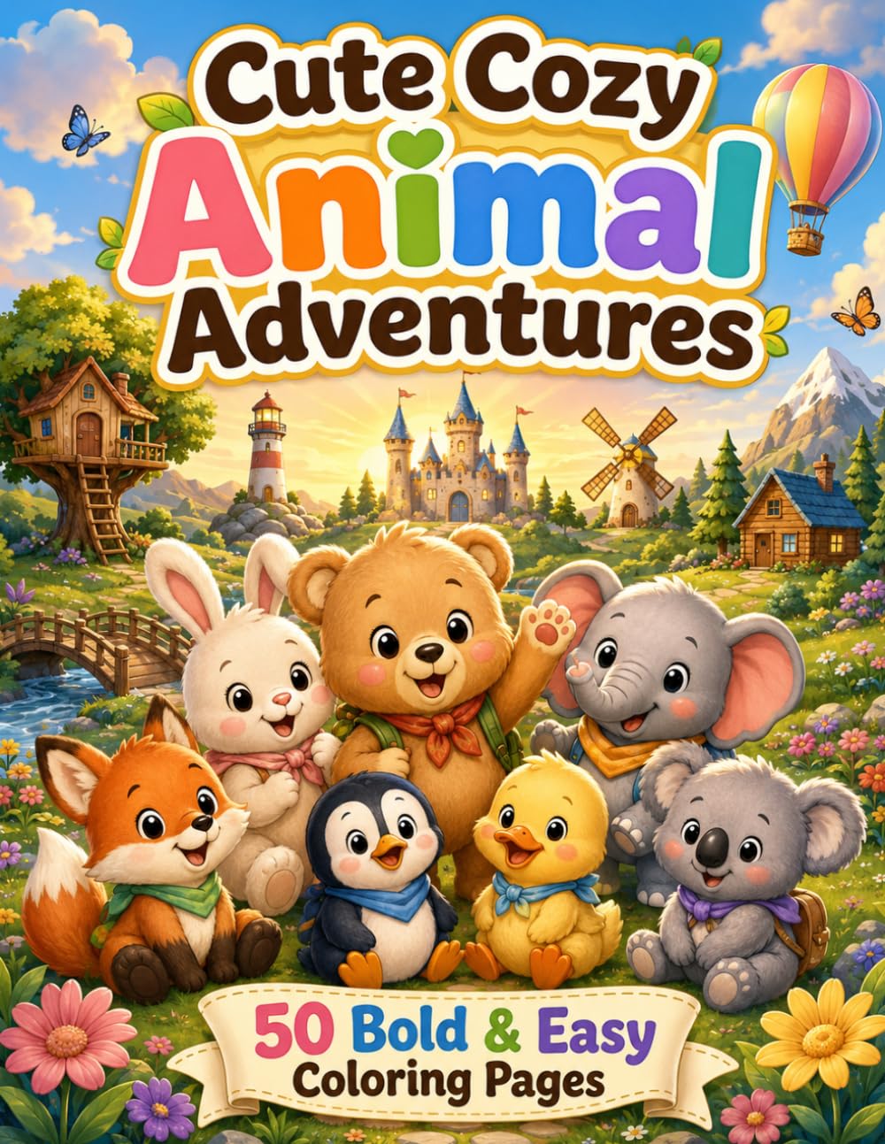Cute Cozy Animal Adventures: 50 Bold & Easy Coloring Pages