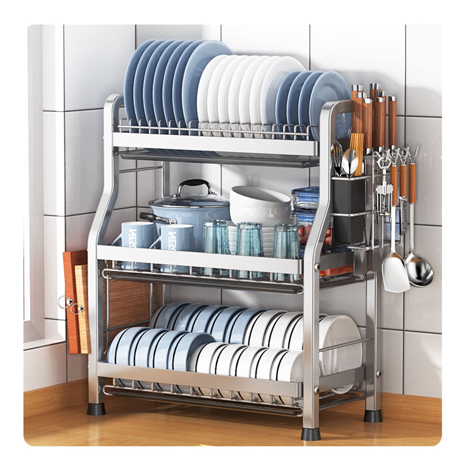 GLJTUO Large Dish Drying Rack with Drainboard Kitchen Counter Dish Rack nizer Utensil Holder Shelf 60KG Weight Capacity (Silver 65x26x63cm),Silver-65x26x63cm