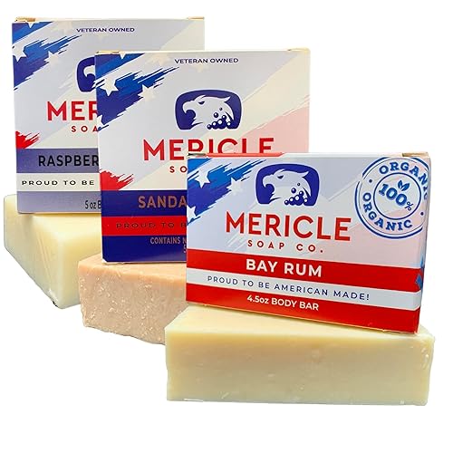 Mericle Soap Co. Jabón en barra totalmente natural, paquete variado de 3 barras, vainilla de frambuesa negra, rosa de sándalo y ron de laurel