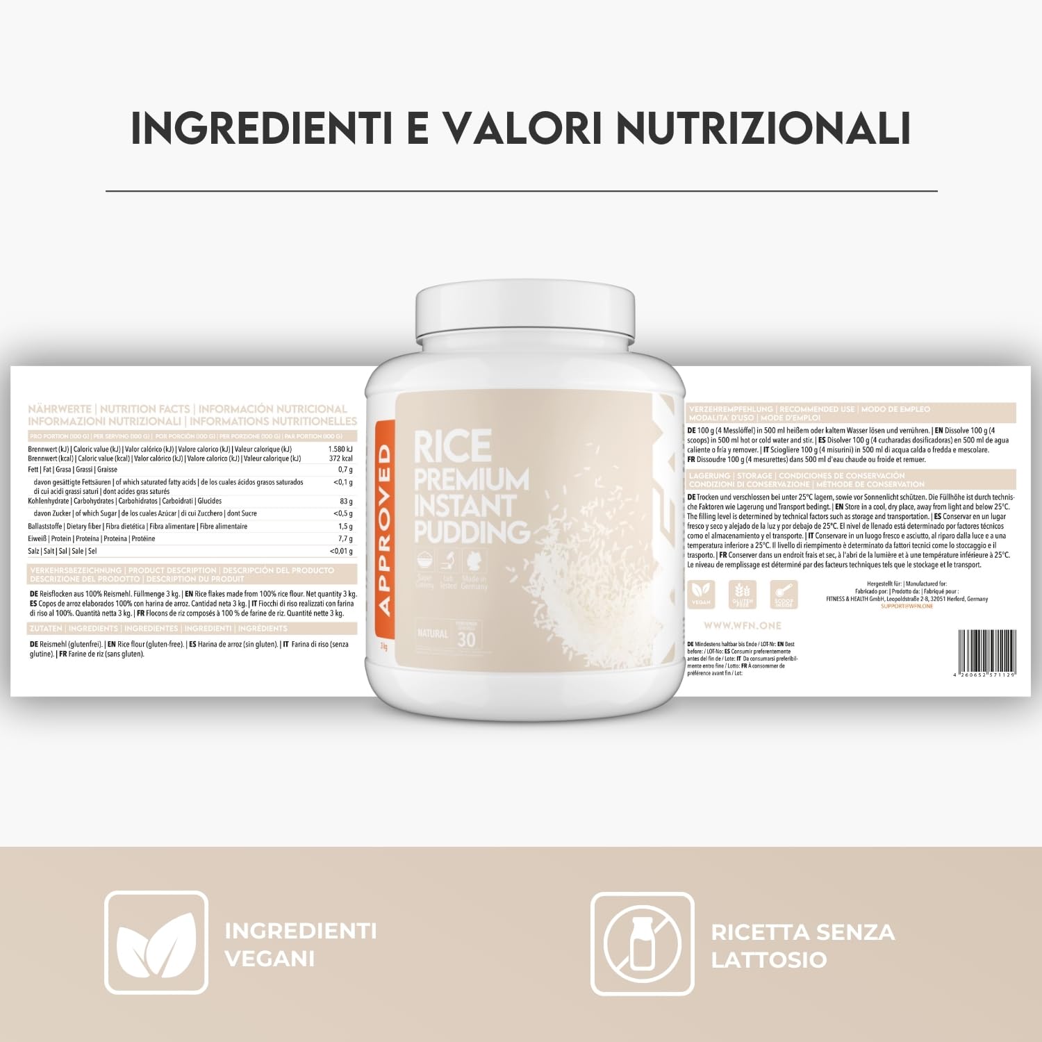WFN Approved Rice Pudding - Naturale - 3 kg - Budino di riso istantaneo senza additivi - Prodotto e testato in laboratorio in Germania