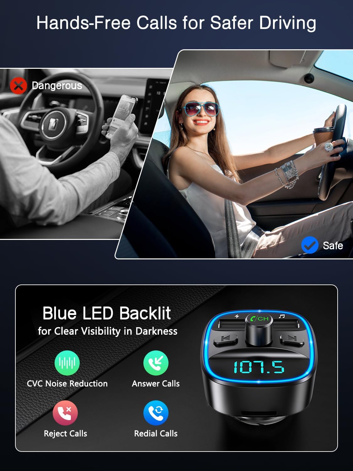 ORIA Trasmettitore FM Bluetooth 5.3, Trasmettitore Bluetooth per Auto, Adattatore QC3.0 USB Caricabatteria Auto con Chiamata Vivavoce e 2 USB Port, Supporta Carta TF e Disco U