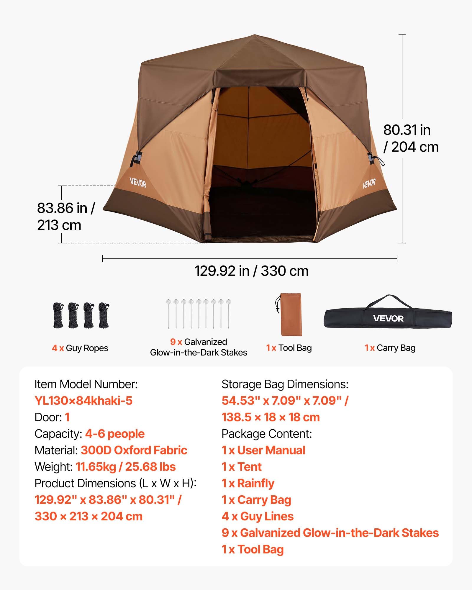 VEVOR Tenda da Campeggio per 6 Persone, Tenda a Cabina Istantanea Pop-up con Telo Antipioggia e Finestre in Rete, Portatile Impermeabile con Borsa Trasporto, per Campeggio Escursionismo in Famiglia