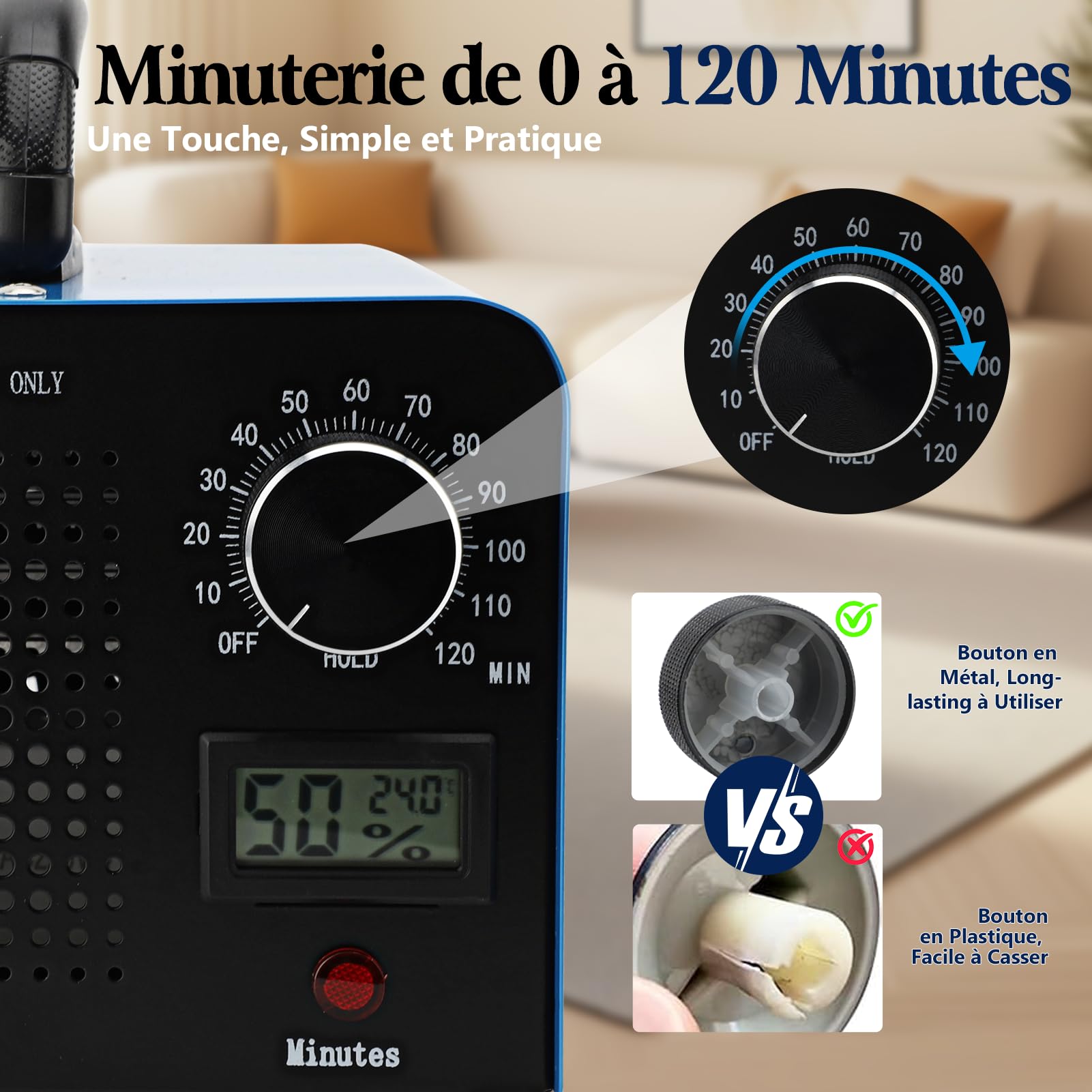 Générateur d'Ozone Domestique 40000 mg/h Purificateur d'Air Générateur O3 Commercial Industriel 120W avec Minuterie 0-120min, Machine à Ozone Portable pour Éliminer des Odeurs(Blanc)
