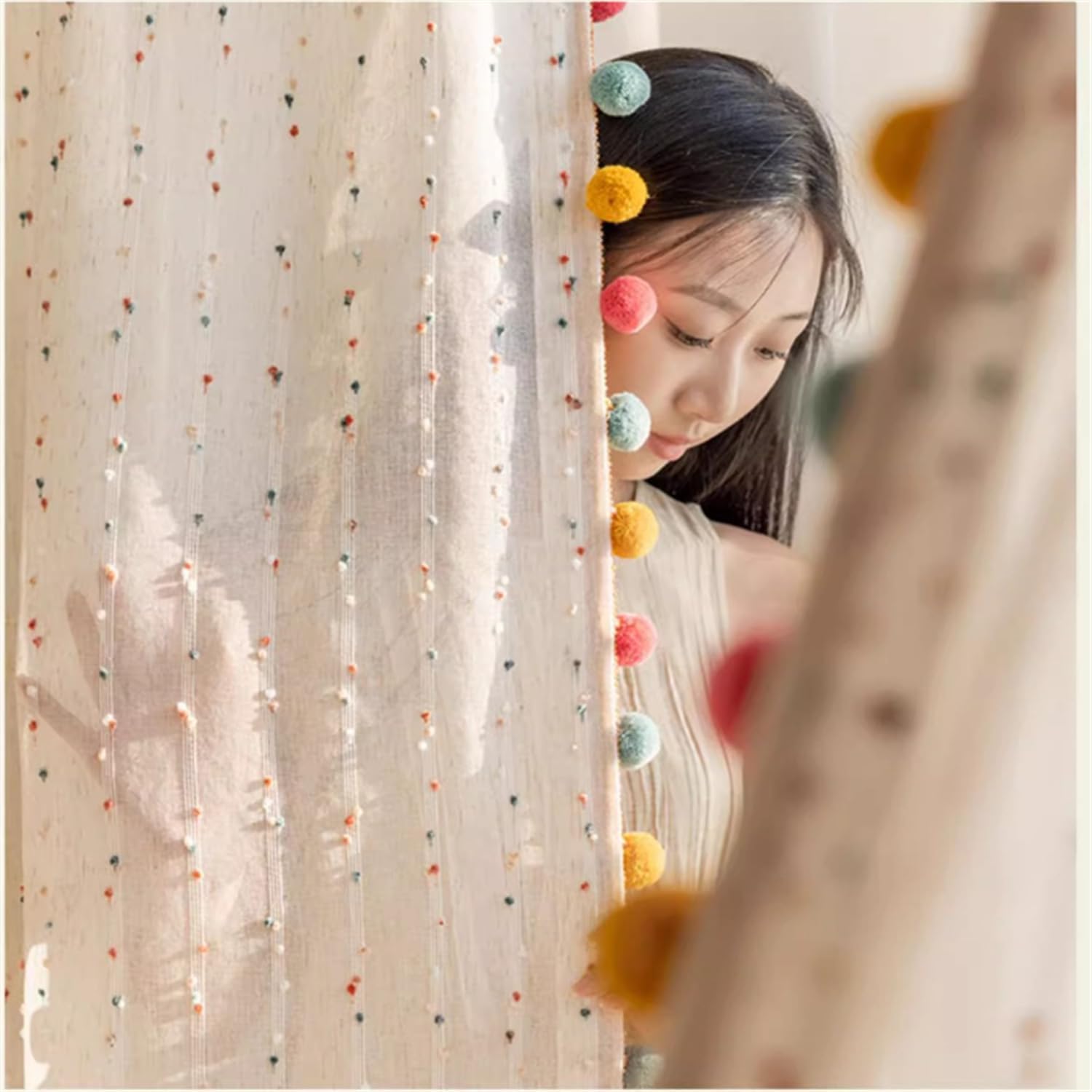 Rideaux Transparents Bohème Arc-en-Ciel avec Pompons, Filtre Lumière, Imitation Lin Rayures, Passe-Tringle pour Chambre Enfant