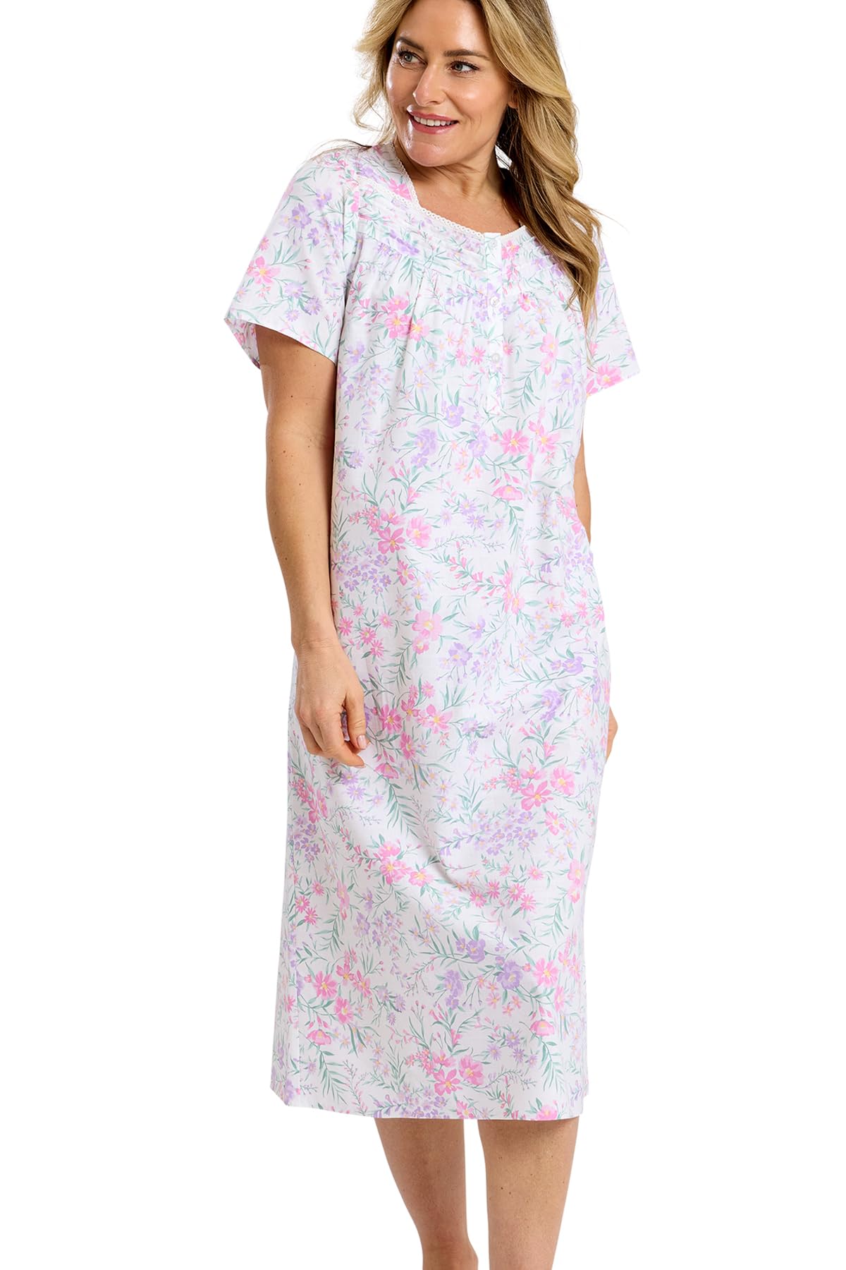 Marlon Women's Eliza Short Sleeve Nightie | Luxury Woven Cotton Nightdress with Pretty Floral Print & Button Front Neckline - Soft Breathable Sleepwear For Ladies